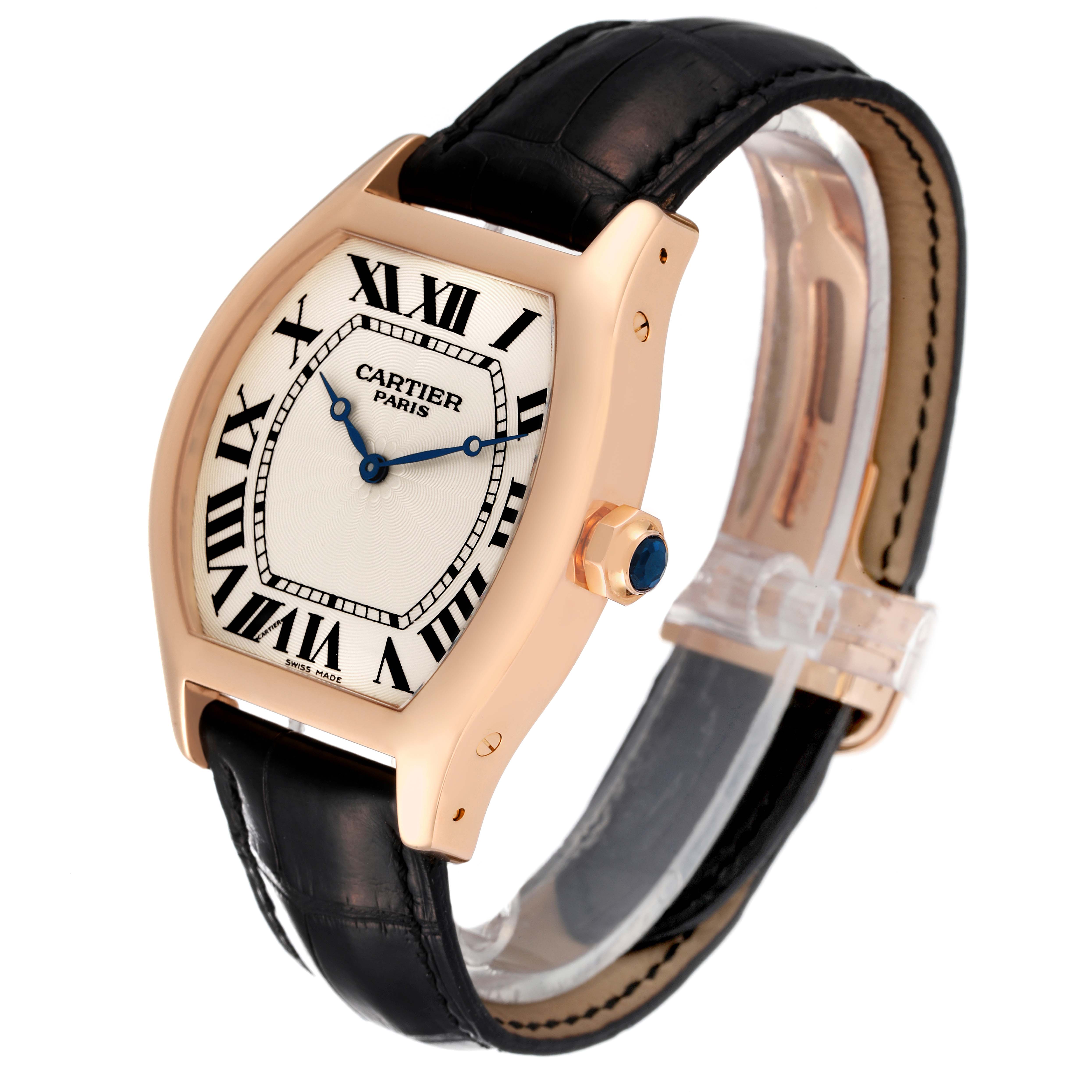 The Cartier Tortue W1546051 Men's Rose Gold Silver Dial W1546051 Men's Rose Gold Silver Dial watch is shown at a three-quarter angle highlighting the dial, crown, case, and part of the strap.