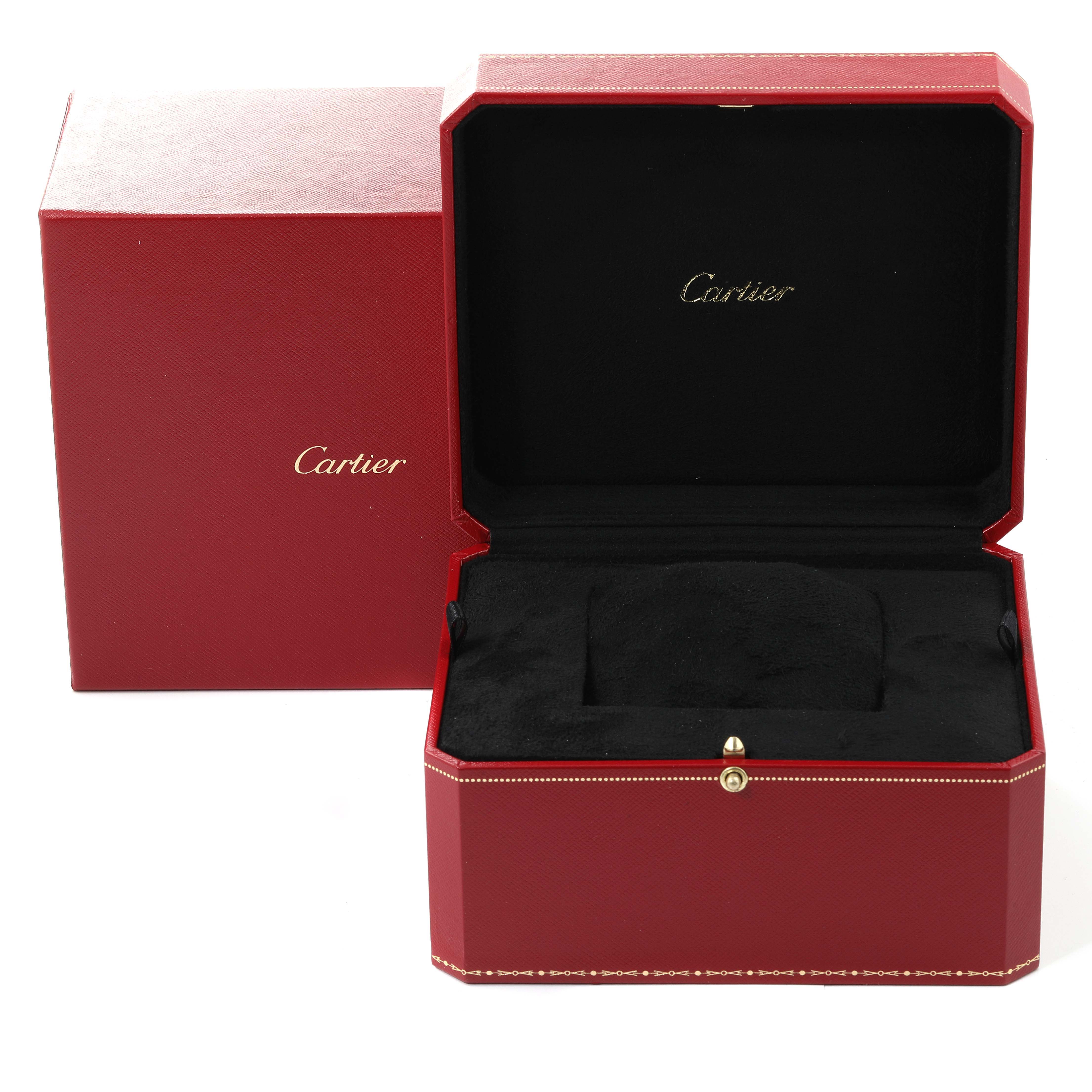 The image shows a Cartier Tortue W1546051 Men's Rose Gold Silver Dial W1546051 Men's Rose Gold Silver Dial watch box, opened, with the outer red box placed beside it.