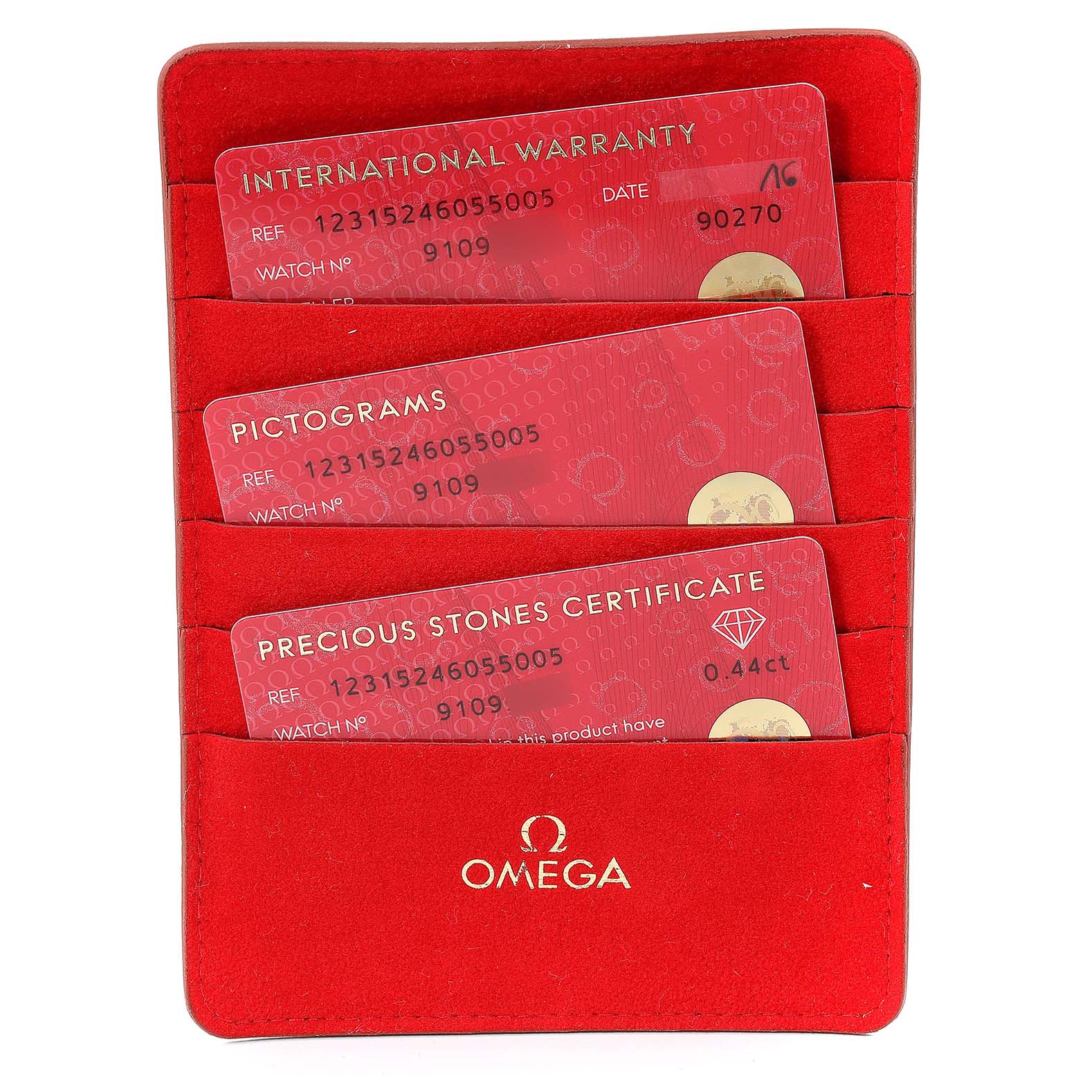 The image shows the warranty cards and certification for the Omega 123.15.24.60.55.005 Women's Stainless Steel Mother of Pearl Dial 123.15.24.60.55.005 Women's Stainless Steel Mother of Pearl Dial Constellation 24mm MOP Diamond Watch 123.15.24.60.55.005.