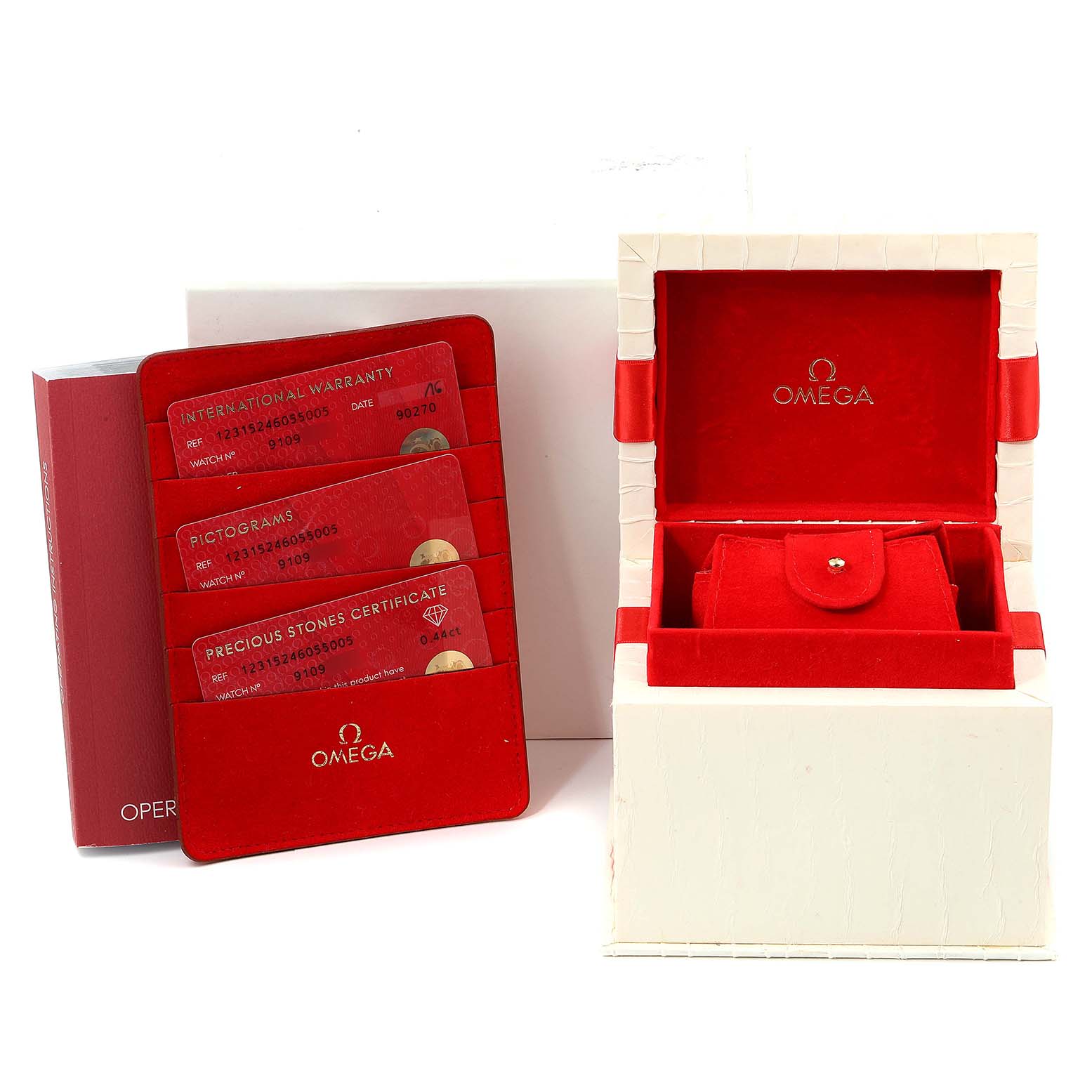 The image shows the packaging and certification cards for the Omega 123.15.24.60.55.005 Women's Stainless Steel Mother of Pearl Dial 123.15.24.60.55.005 Women's Stainless Steel Mother of Pearl Dial Constellation 24mm MOP Diamond Watch 123.15.24.60.55.005.