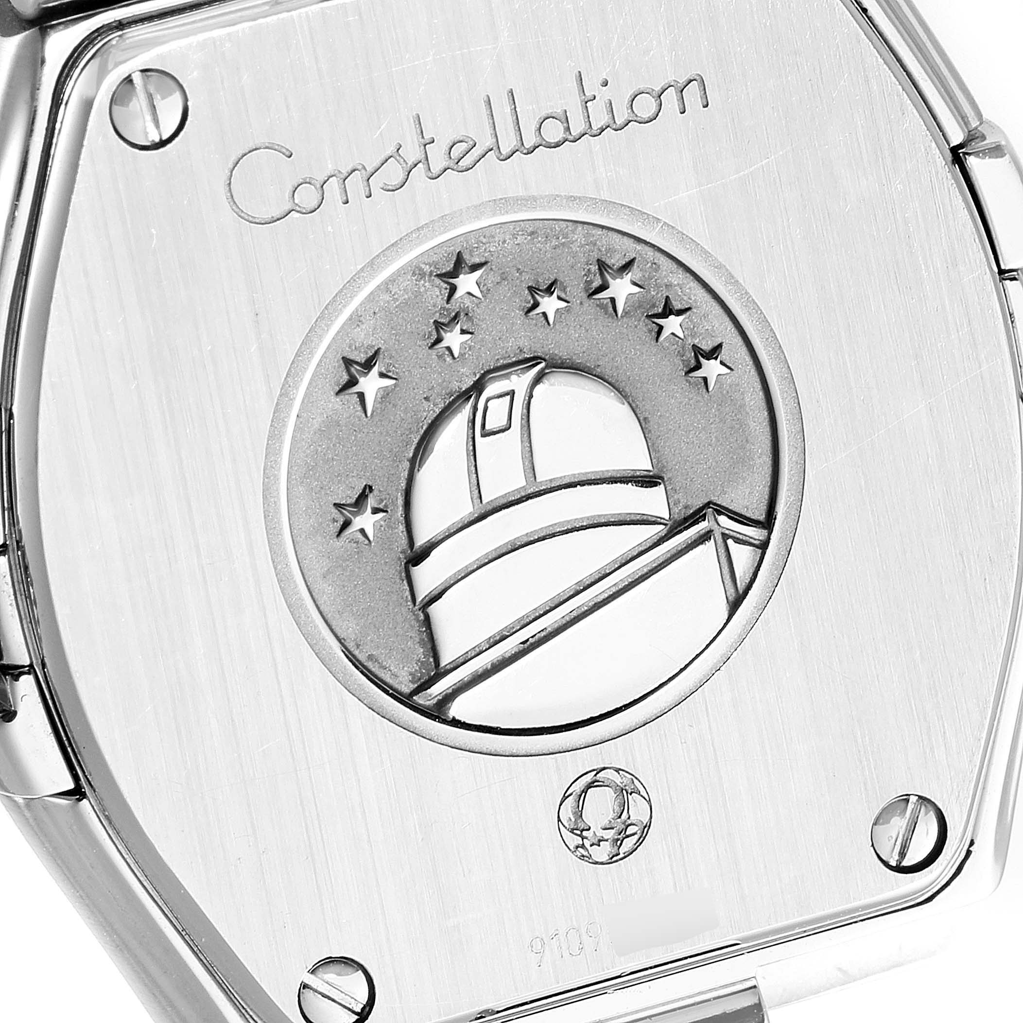 This image shows the back of the Omega 123.15.24.60.55.005 Women's Stainless Steel Mother of Pearl Dial 123.15.24.60.55.005 Women's Stainless Steel Mother of Pearl Dial Constellation 24mm MOP Diamond Watch 123.15.24.60.55.005 featuring the Constellation logo.