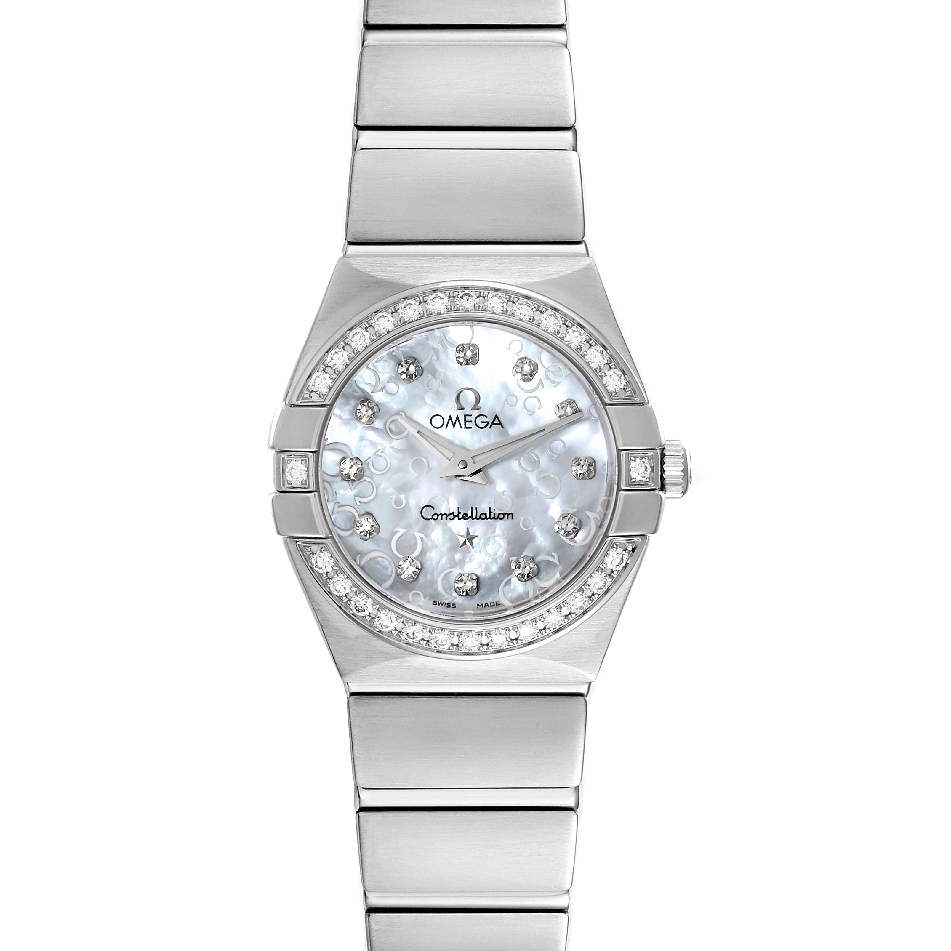 The Omega 123.15.24.60.55.005 Women's Stainless Steel Mother of Pearl Dial 123.15.24.60.55.005 Women's Stainless Steel Mother of Pearl Dial Constellation 24mm MOP Diamond Watch 123.15.24.60.55.005 is shown from a top view, displaying its face, dial, bezel, and bracelet.