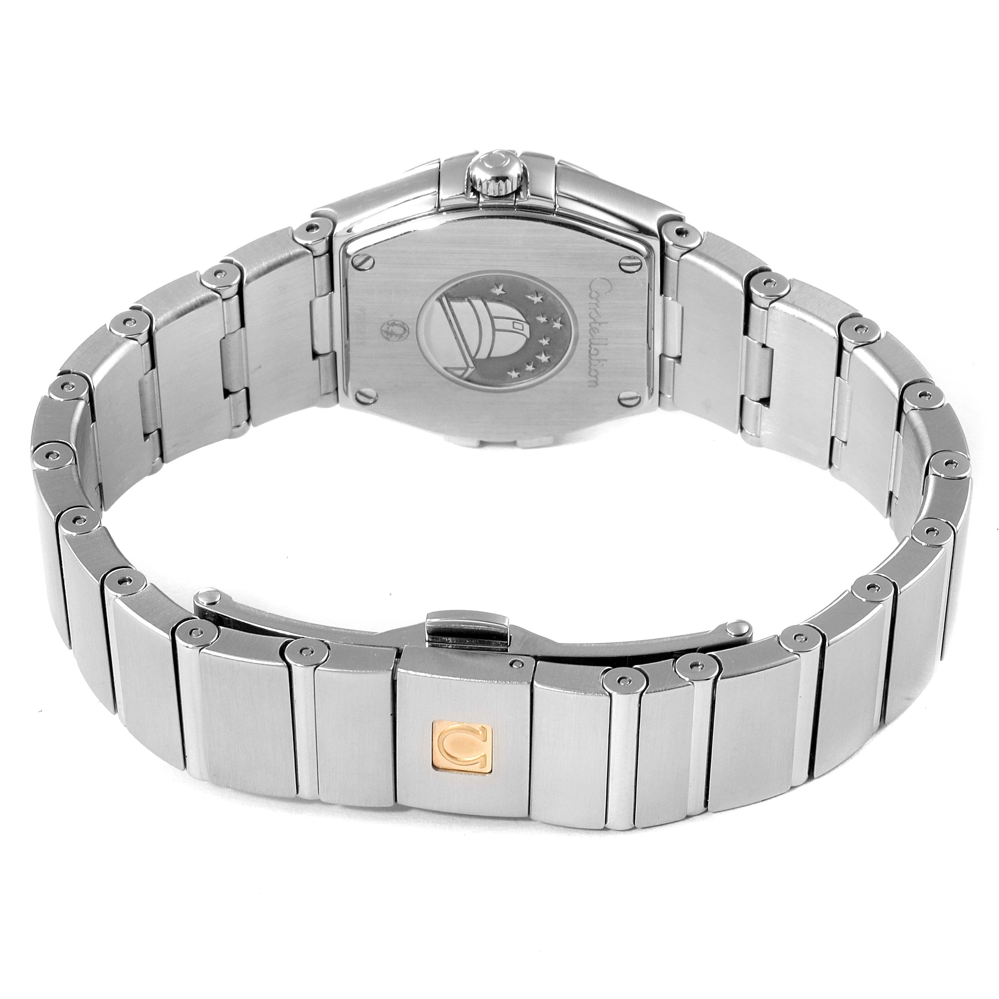 The image shows the back and bracelet of the Omega 123.15.24.60.55.005 Women's Stainless Steel Mother of Pearl Dial 123.15.24.60.55.005 Women's Stainless Steel Mother of Pearl Dial Constellation 24mm MOP Diamond Watch 123.15.24.60.55.005.