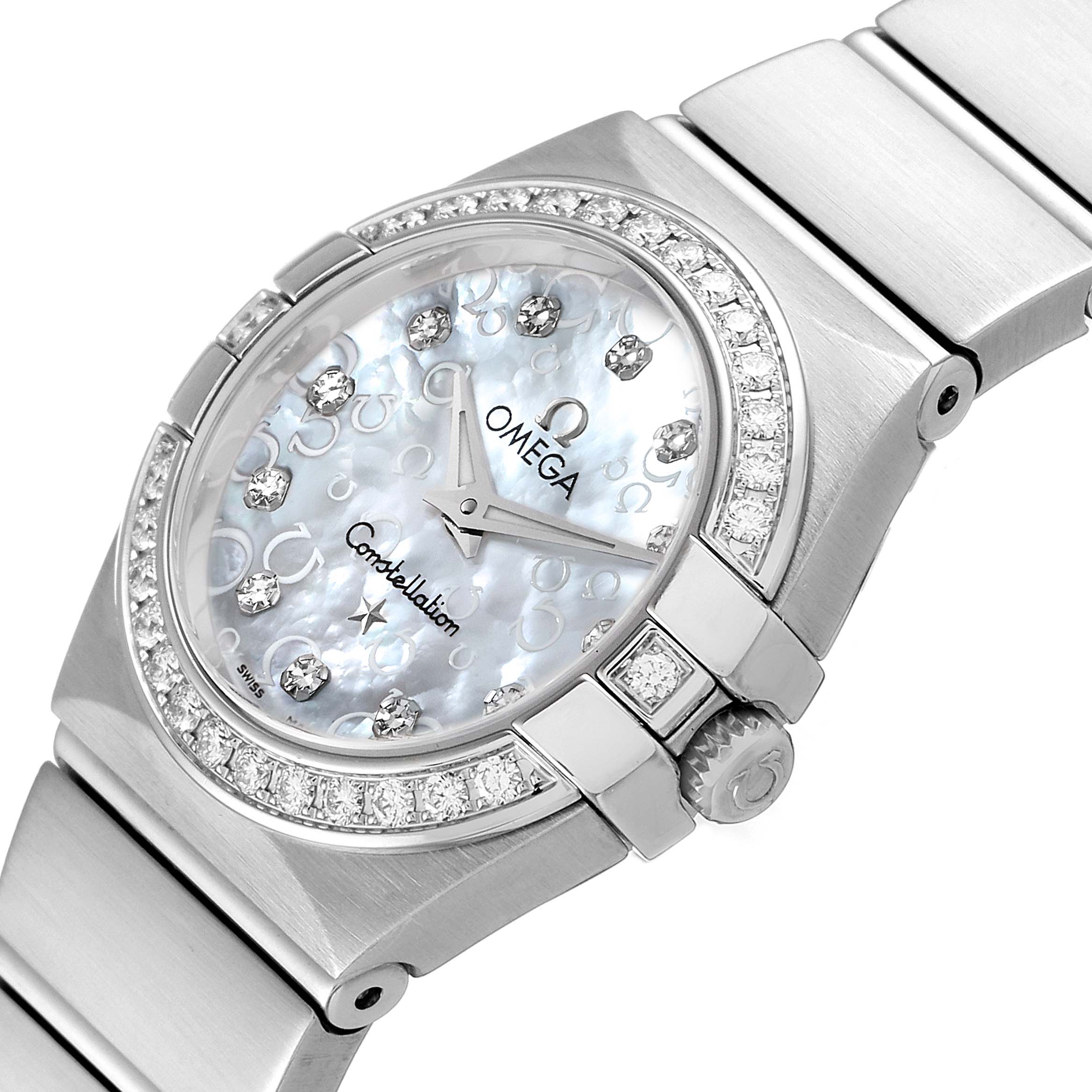 This image shows an angled view of the face and bracelet of the Omega 123.15.24.60.55.005 Women's Stainless Steel Mother of Pearl Dial 123.15.24.60.55.005 Women's Stainless Steel Mother of Pearl Dial Constellation 24mm MOP Diamond Watch 123.15.24.60.55.005.