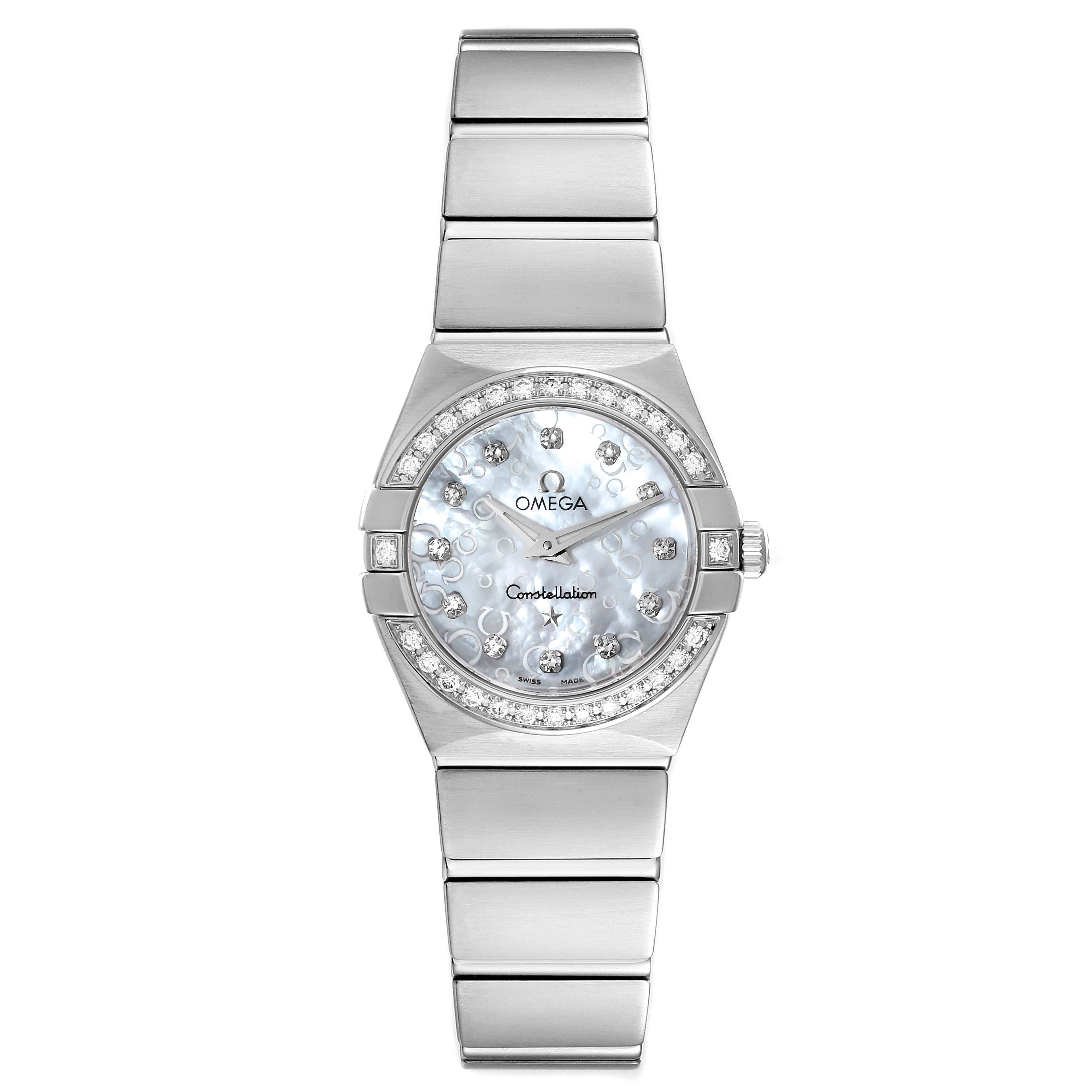 The image shows a front view of the Omega 123.15.24.60.55.005 Women's Stainless Steel Mother of Pearl Dial 123.15.24.60.55.005 Women's Stainless Steel Mother of Pearl Dial Constellation 24mm MOP Diamond Watch 123.15.24.60.55.005, including its face, bezel, and bracelet.