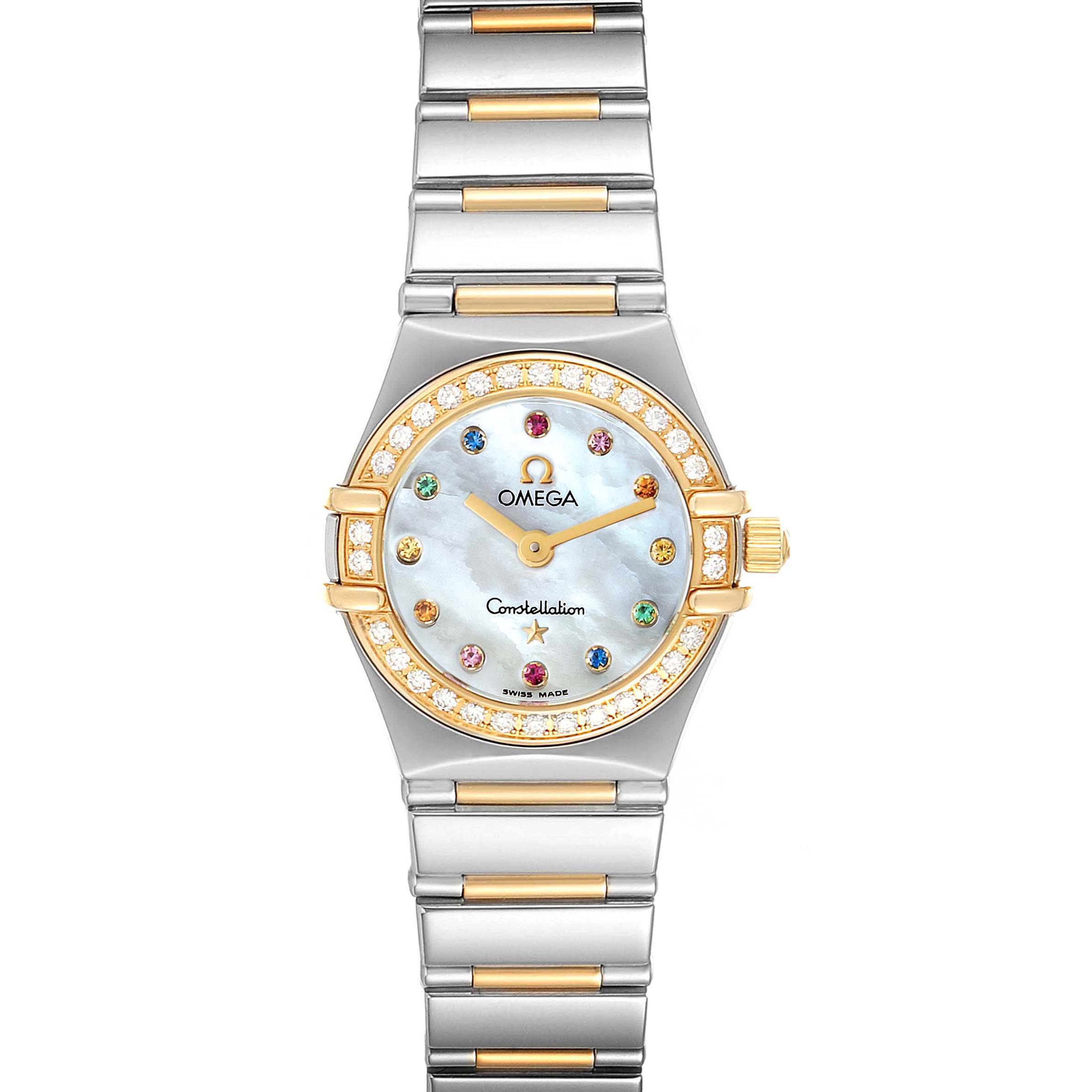 The image shows a front view of the Omega 1365.79.00 Women's Steel and Gold (two tone) Mother of Pearl Dial 1365.79.00 Women's Steel and Gold (two tone) Mother of Pearl Dial Constellation Iris Steel Yellow Gold Multi Stone Watch 1365.79.00.