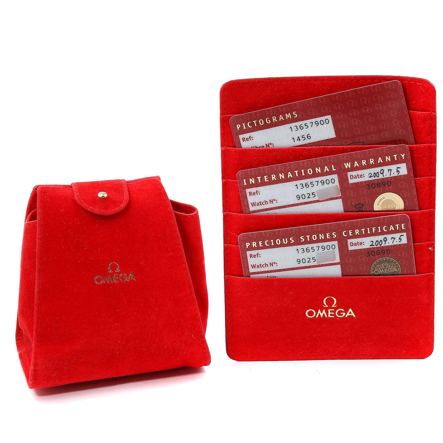 The image shows the red velour cardholder and documentation for the Omega 1365.79.00 Women's Steel and Gold (two tone) Mother of Pearl Dial 1365.79.00 Women's Steel and Gold (two tone) Mother of Pearl Dial Constellation Iris Steel Yellow Gold Multi Stone Watch 1365.79.00.