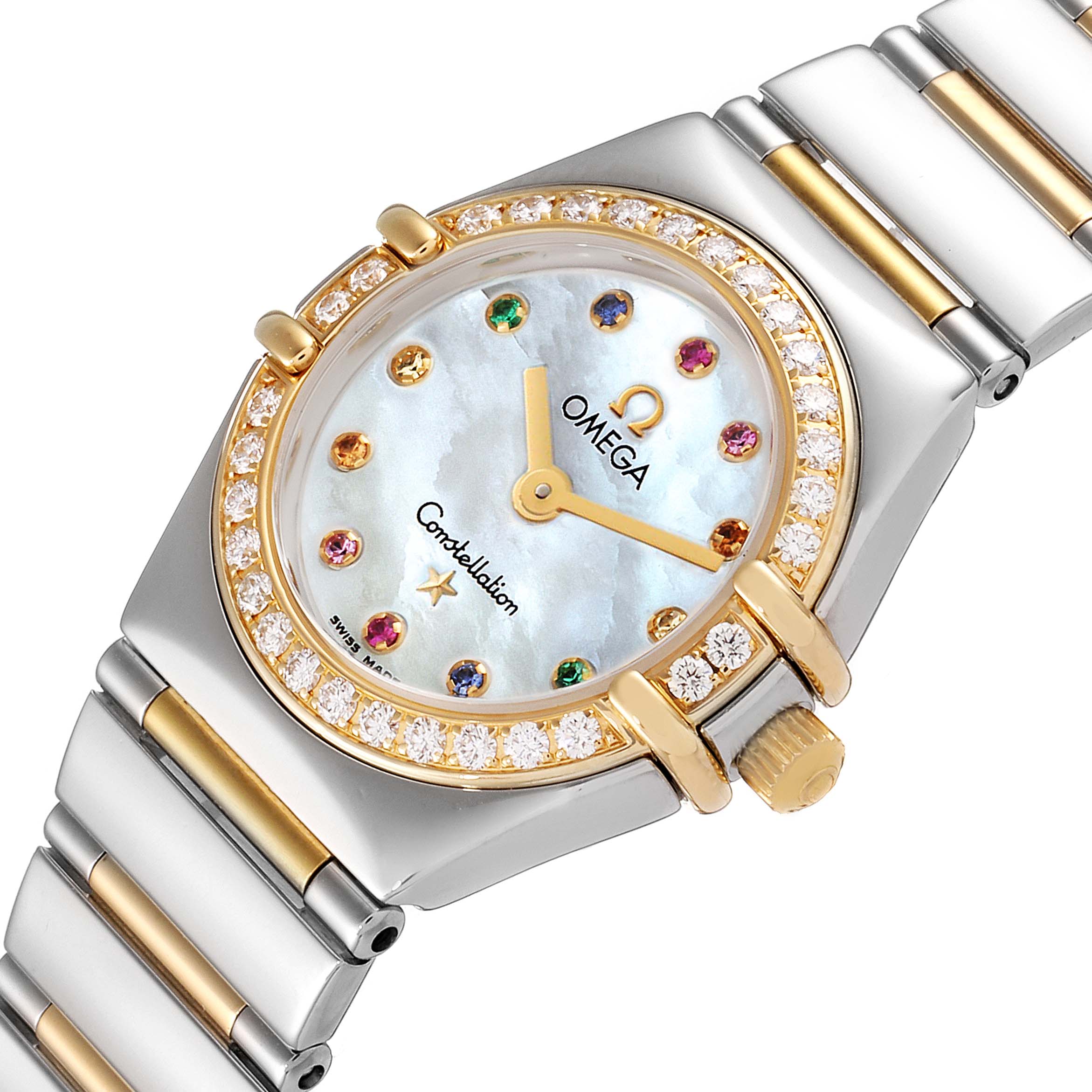 The Omega 1365.79.00 Women's Steel and Gold (two tone) Mother of Pearl Dial 1365.79.00 Women's Steel and Gold (two tone) Mother of Pearl Dial Constellation Iris 1365.79.00 watch is shown at a slight angle, highlighting its face, bezel, and part of the bracelet.