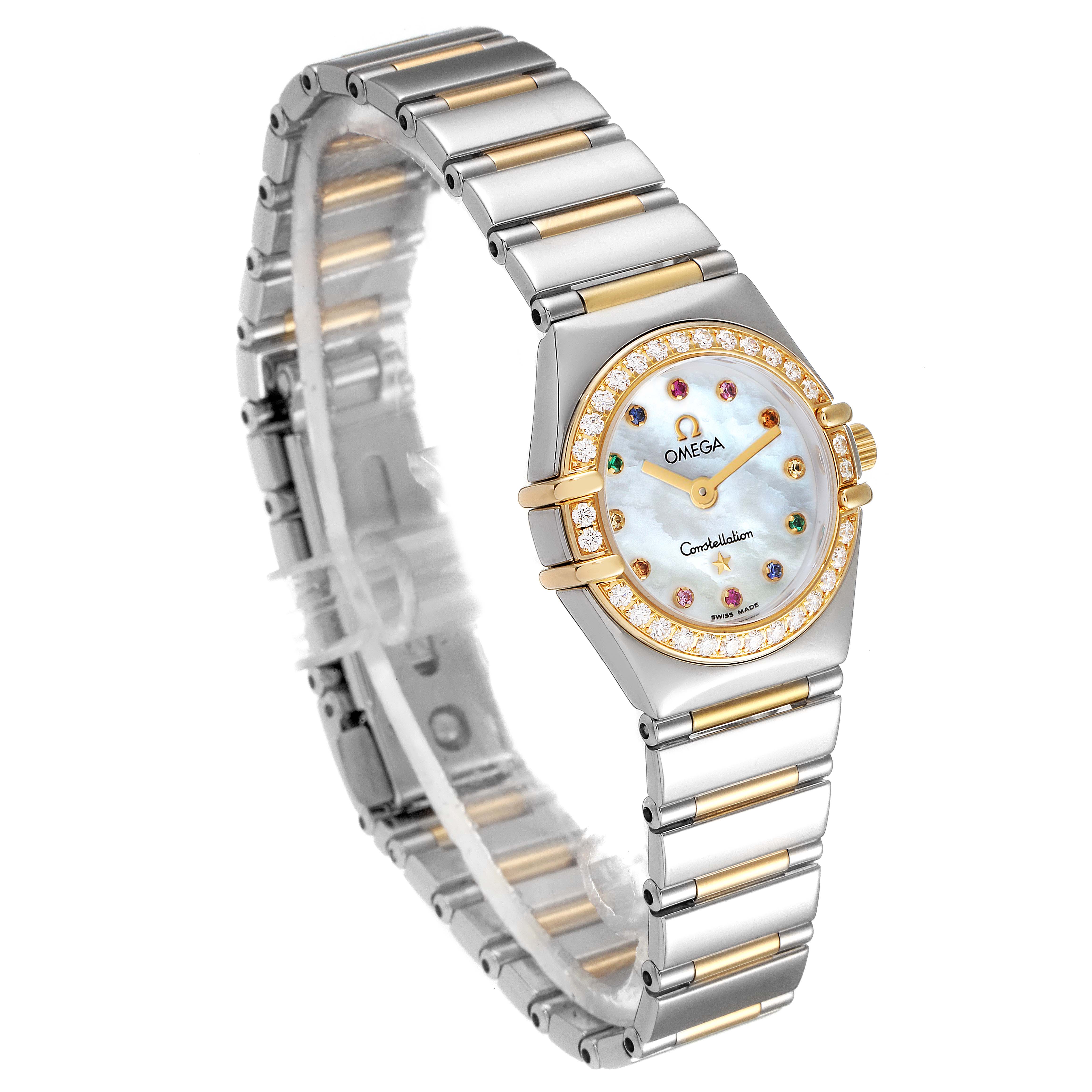 The Omega 1365.79.00 Women's Steel and Gold (two tone) Mother of Pearl Dial 1365.79.00 Women's Steel and Gold (two tone) Mother of Pearl Dial Constellation Iris Steel Yellow Gold Multi Stone Watch 1365.79.00 is shown at an angle highlighting the face, bezel, and bracelet.