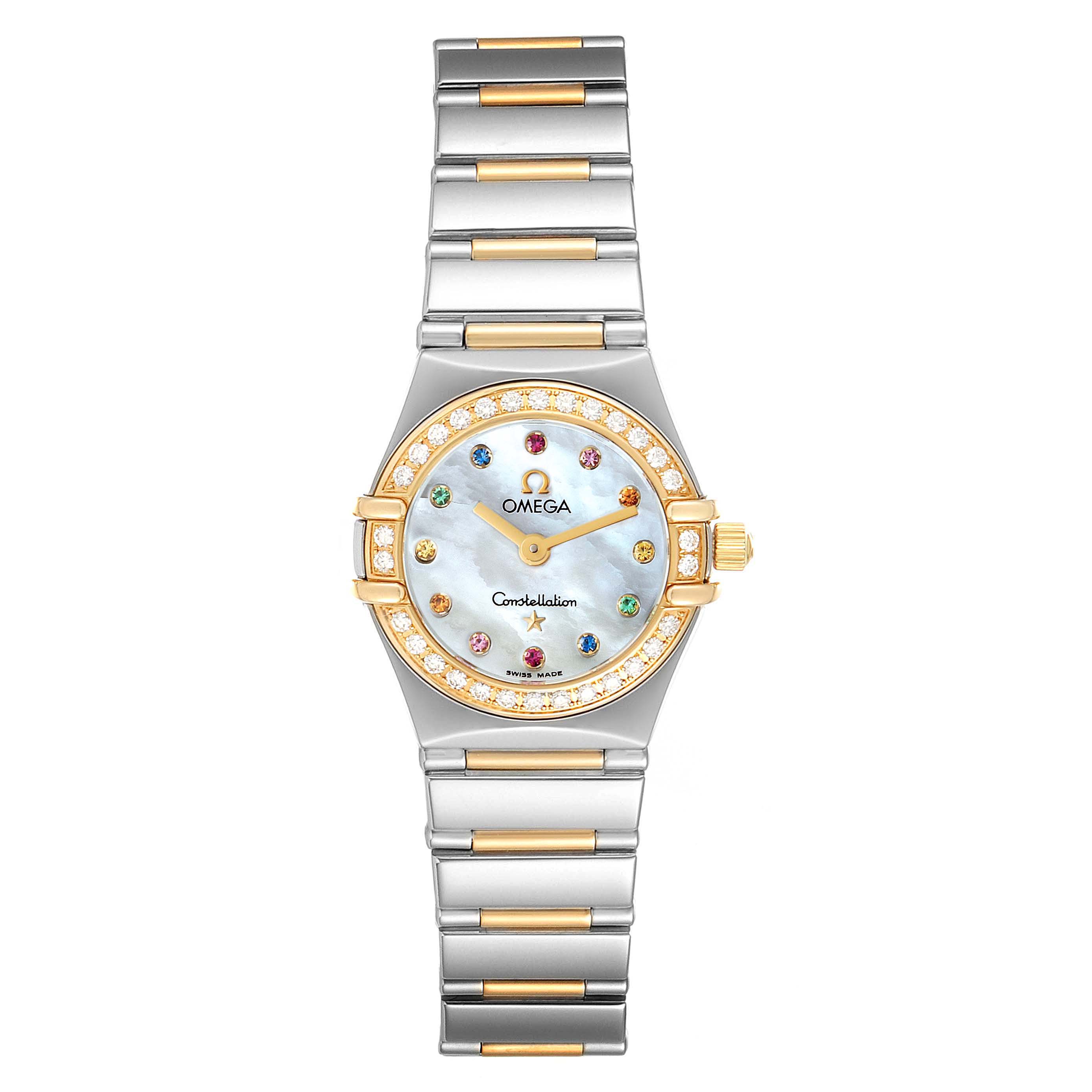 Front view of the Omega 1365.79.00 Women's Steel and Gold (two tone) Mother of Pearl Dial 1365.79.00 Women's Steel and Gold (two tone) Mother of Pearl Dial Constellation Iris Steel Yellow Gold Multi Stone Watch 1365.79.00, showcasing the face, bezel, and bracelet.