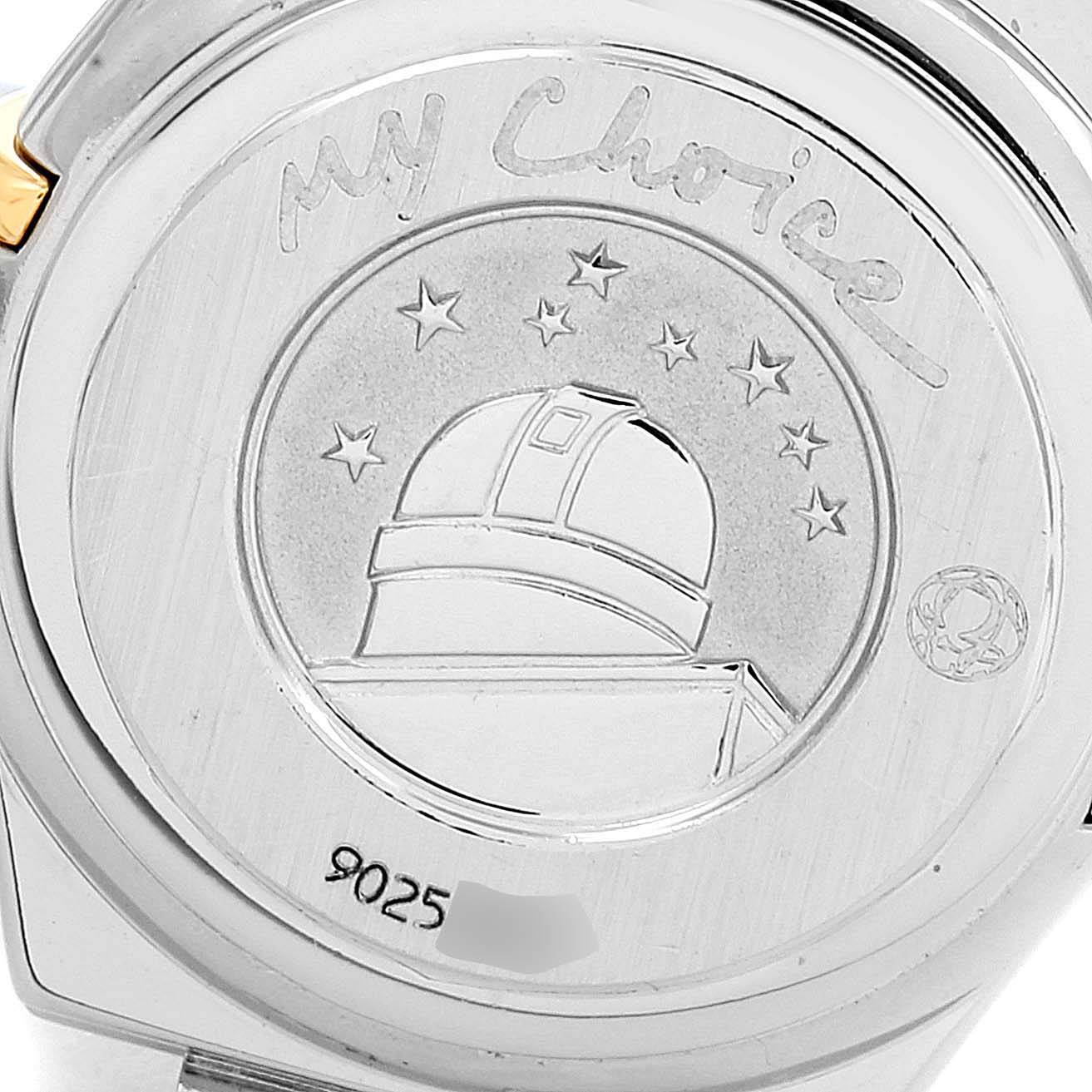 The image shows the back case of an Omega 1365.79.00 Women's Steel and Gold (two tone) Mother of Pearl Dial 1365.79.00 Women's Steel and Gold (two tone) Mother of Pearl Dial Constellation Iris Steel Yellow Gold Multi Stone Watch 1365.79.00.