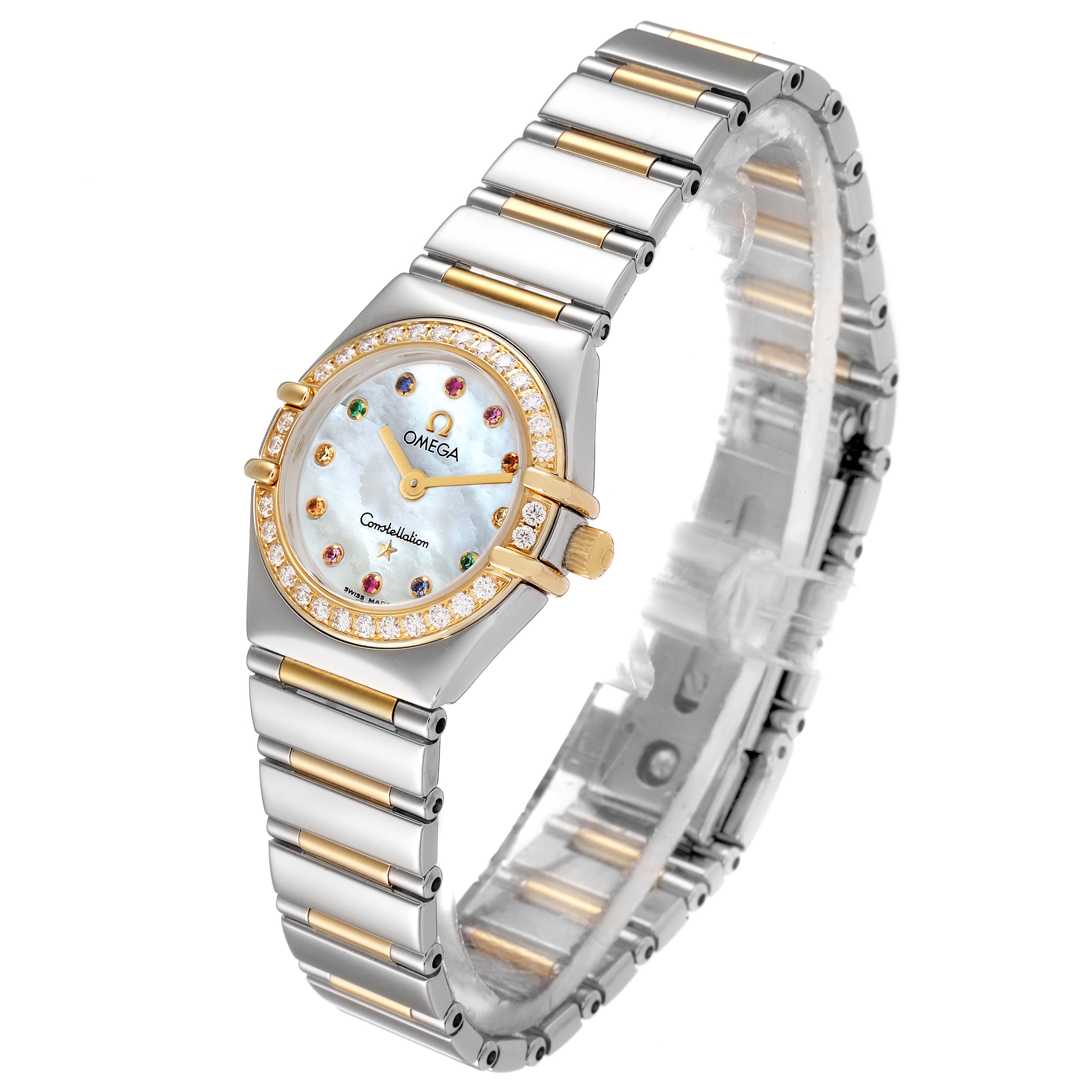 The Omega 1365.79.00 Women's Steel and Gold (two tone) Mother of Pearl Dial 1365.79.00 Women's Steel and Gold (two tone) Mother of Pearl Dial Constellation Iris Steel Yellow Gold Multi Stone Watch 1365.79.00 is shown at a slight angle, highlighting the face, bezel, and bracelet.