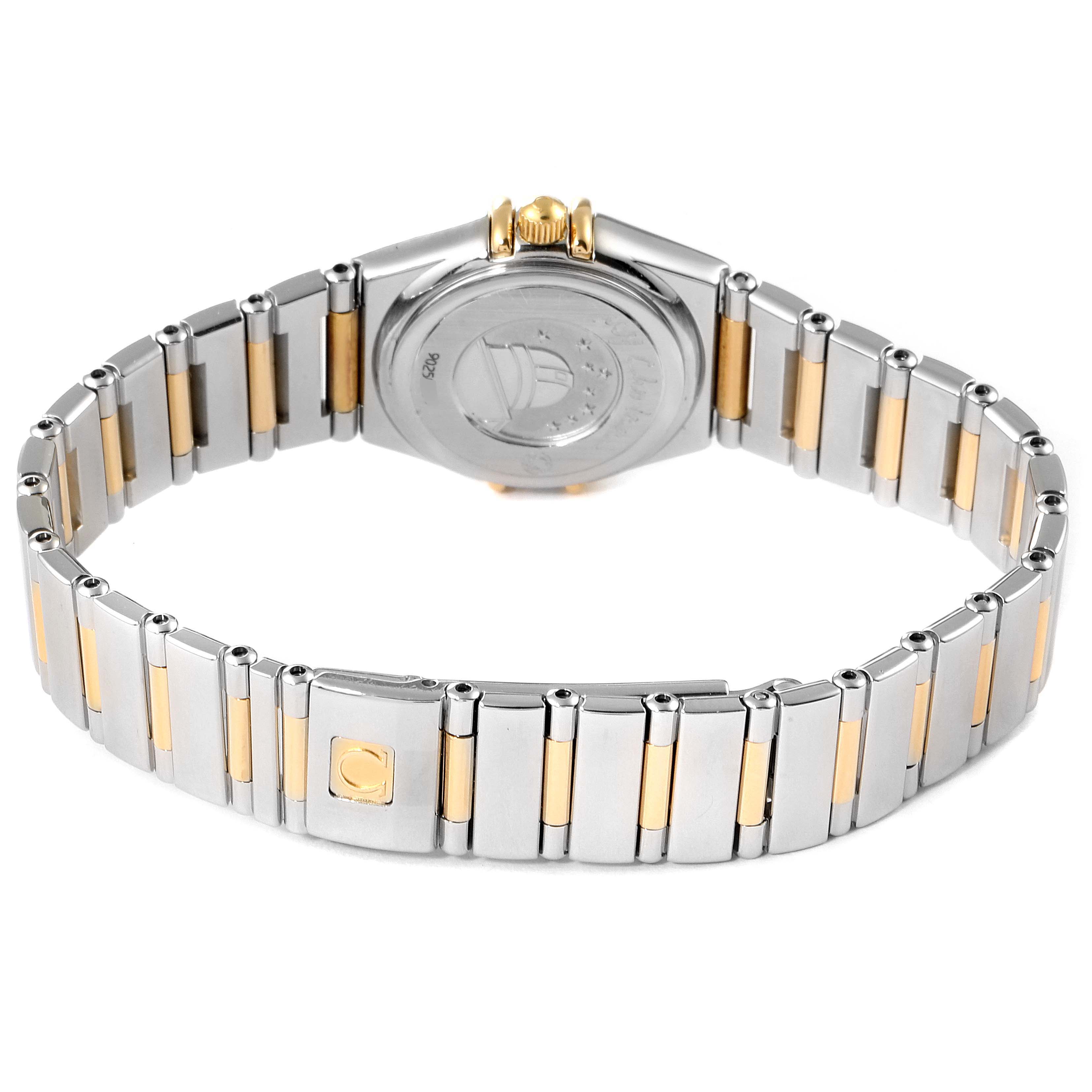 The image shows the back view of the Omega 1365.79.00 Women's Steel and Gold (two tone) Mother of Pearl Dial 1365.79.00 Women's Steel and Gold (two tone) Mother of Pearl Dial Constellation Iris Steel Yellow Gold Multi Stone Watch 1365.79.00 with its band and clasp.