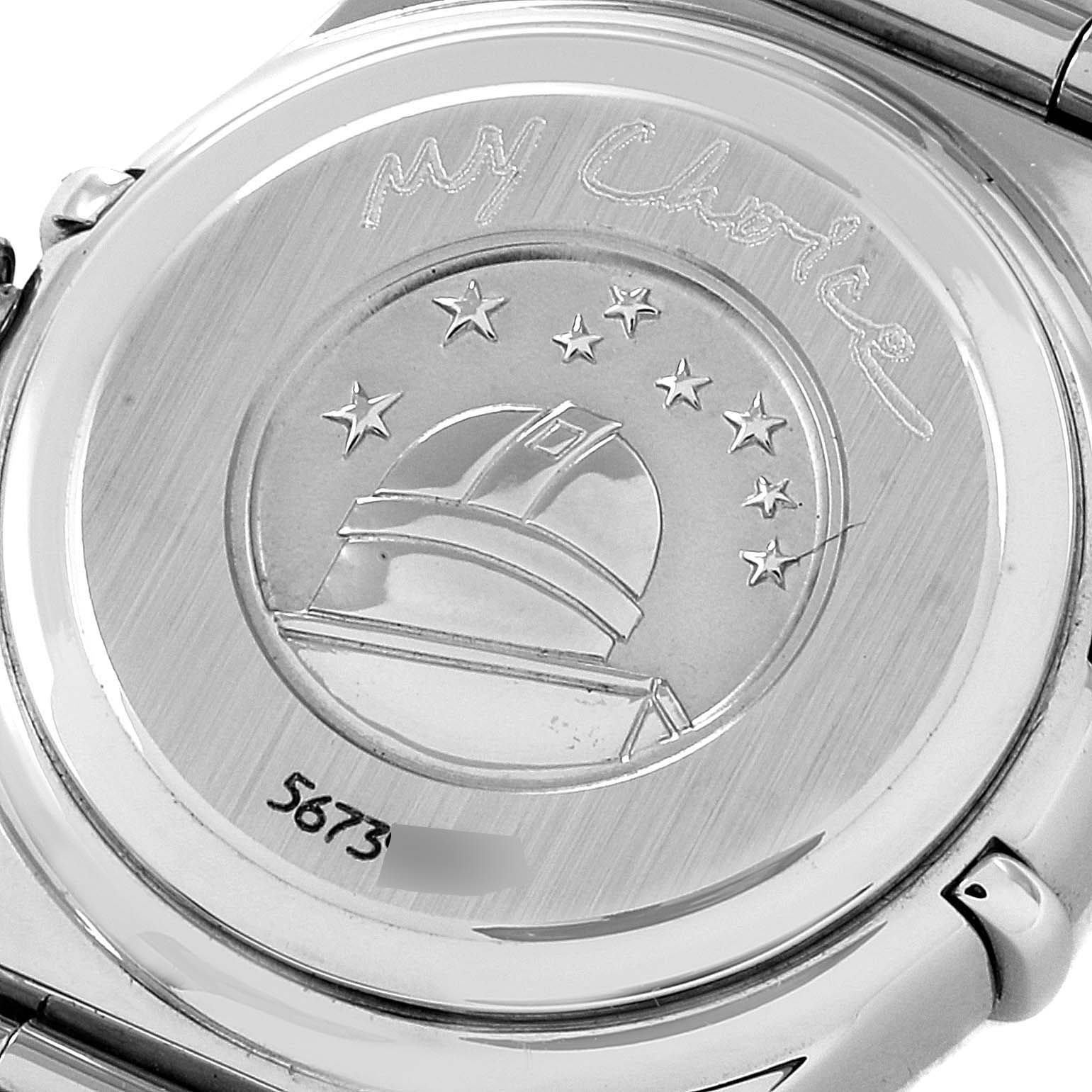 This image shows the back of the Omega 1465.71.00 Women
s Stainless Steel Mother of Pearl Dial 1465.71.00 Women
s Stainless Steel Mother of Pearl Dial Constellation My Choice Diamond Steel Ladies Watch 1465.71.00, featuring the emblem and engraved details.