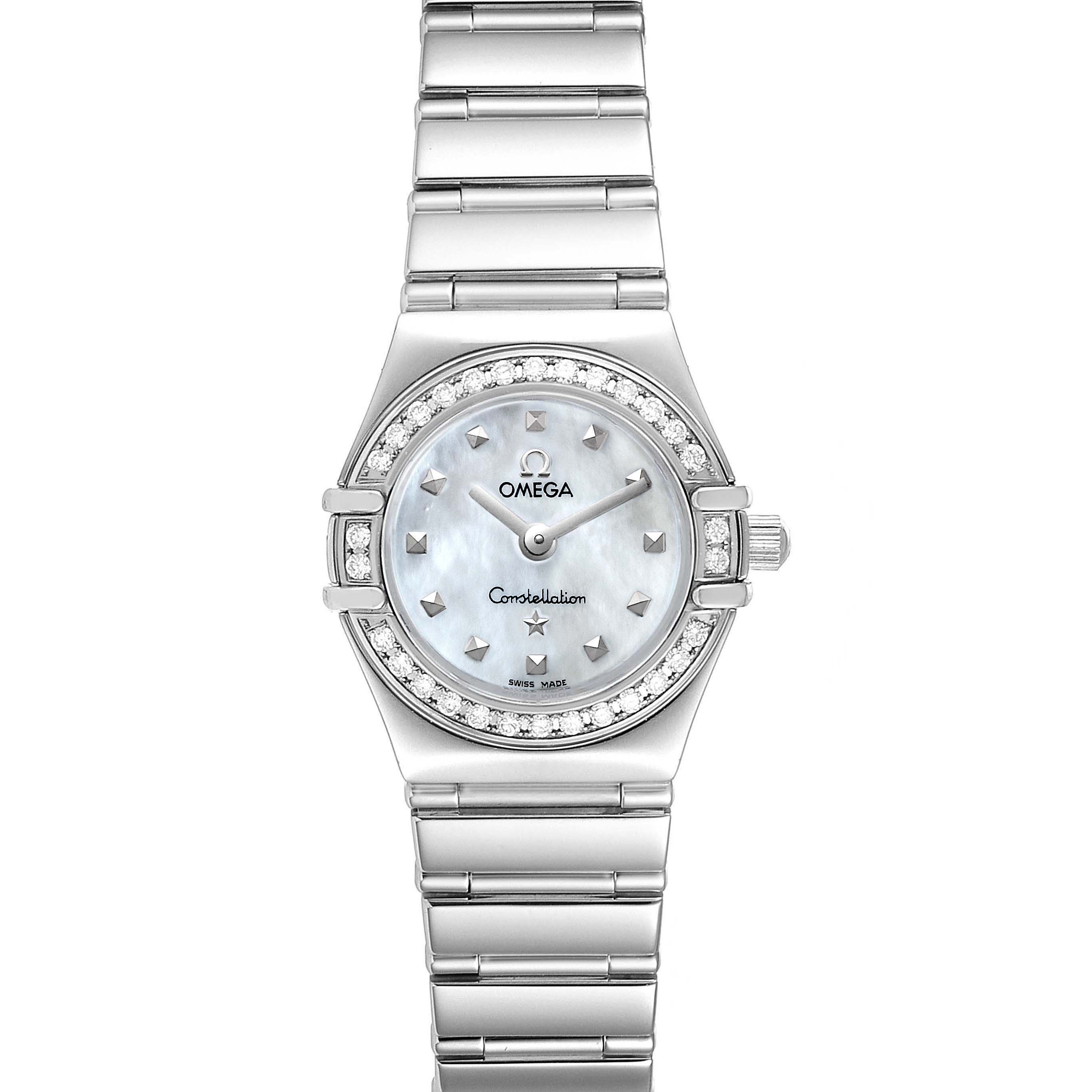 The image shows a full front view of the Omega 1465.71.00 Women
s Stainless Steel Mother of Pearl Dial 1465.71.00 Women
s Stainless Steel Mother of Pearl Dial Constellation My Choice Diamond Steel Ladies Watch 1465.71.00.