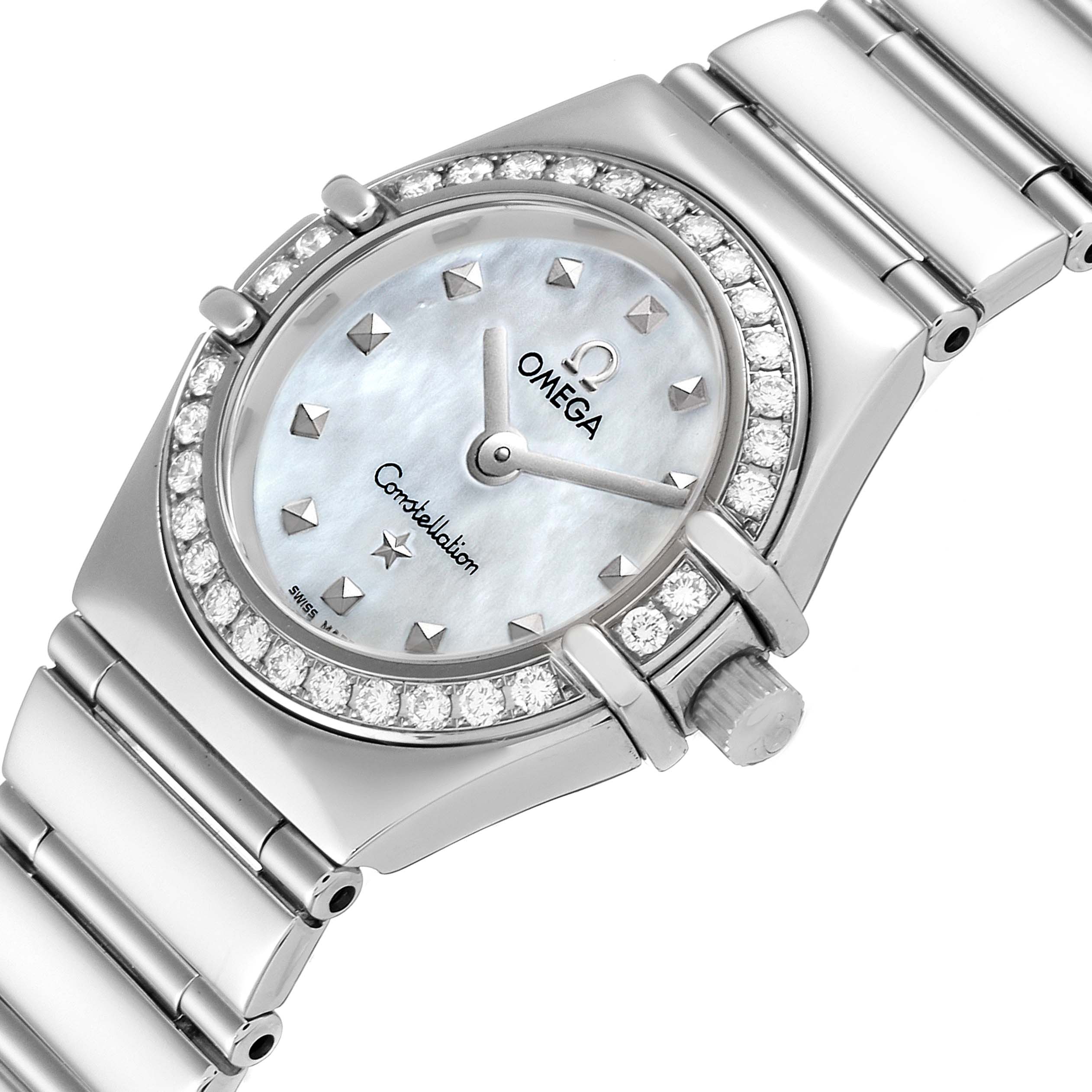 The image shows a close-up of the Omega 1465.71.00 Women
s Stainless Steel Mother of Pearl Dial 1465.71.00 Women
s Stainless Steel Mother of Pearl Dial Constellation My Choice Diamond Steel Ladies Watch model 1465.71.00, focusing on the dial and bracelet.