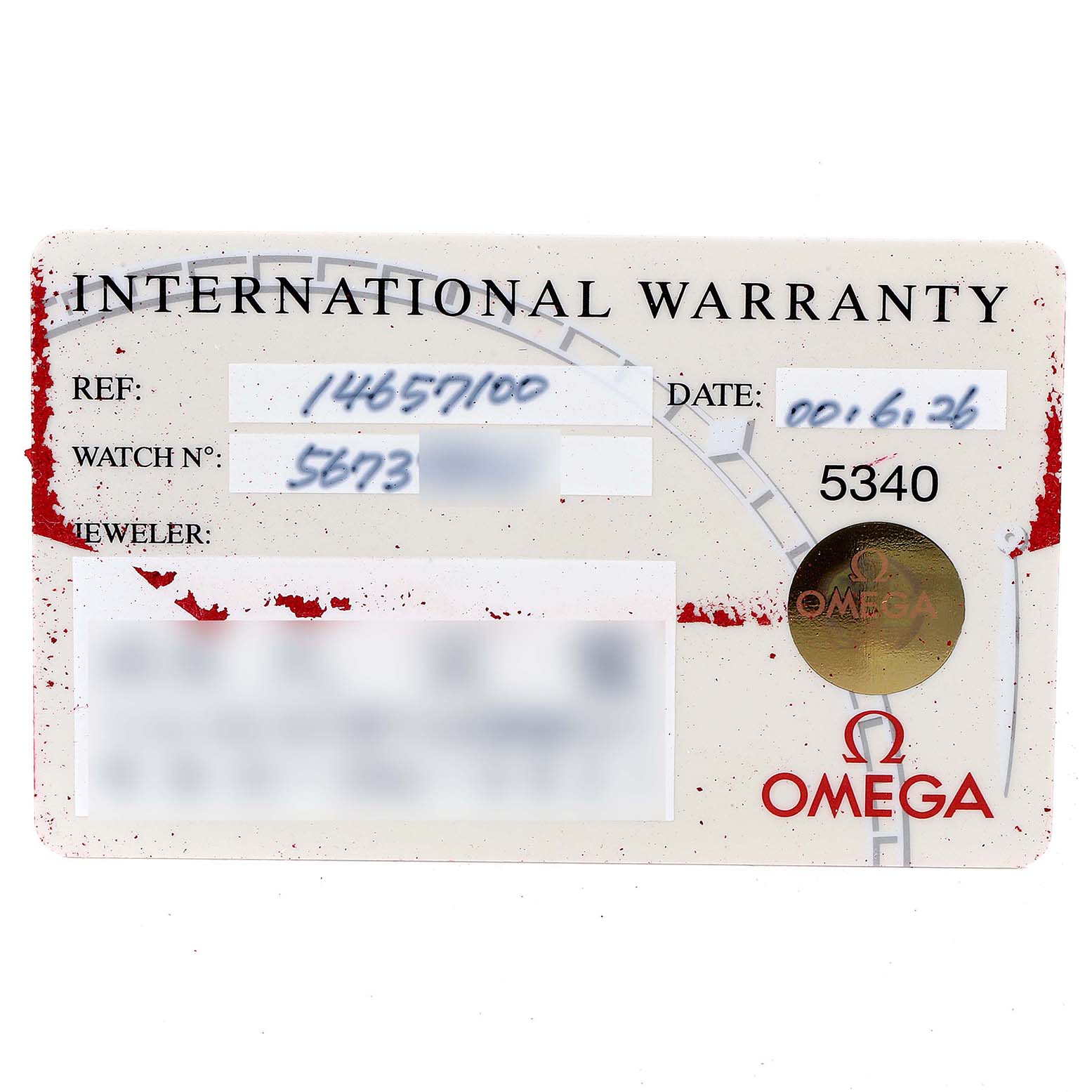 This image shows the International Warranty card for the Omega 1465.71.00 Women
s Stainless Steel Mother of Pearl Dial 1465.71.00 Women
s Stainless Steel Mother of Pearl Dial Constellation My Choice Diamond Steel Ladies Watch 1465.71.00.