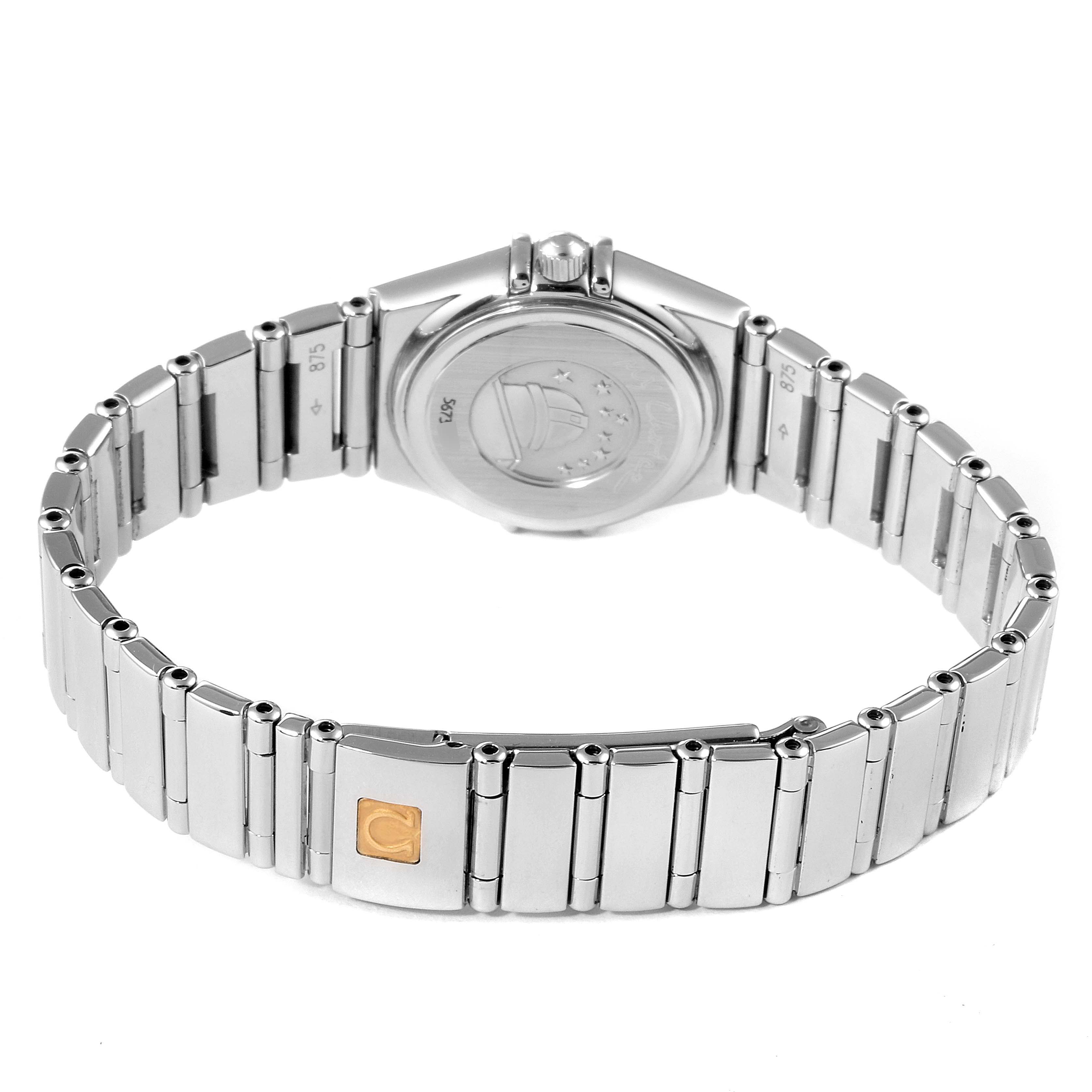 The image shows the back view of the Omega 1465.71.00 Women
s Stainless Steel Mother of Pearl Dial 1465.71.00 Women
s Stainless Steel Mother of Pearl Dial Constellation My Choice Diamond Steel Ladies Watch 1465.71.00, including the bracelet and case back.