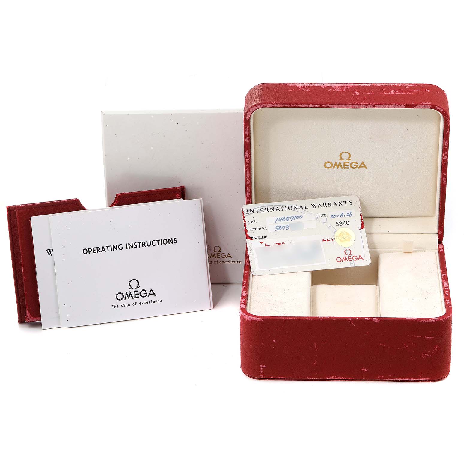 The image shows the box, warranty card, and operating instructions for the Omega 1465.71.00 Women
s Stainless Steel Mother of Pearl Dial 1465.71.00 Women
s Stainless Steel Mother of Pearl Dial Constellation My Choice Diamond Steel Ladies Watch 1465.71.00.
