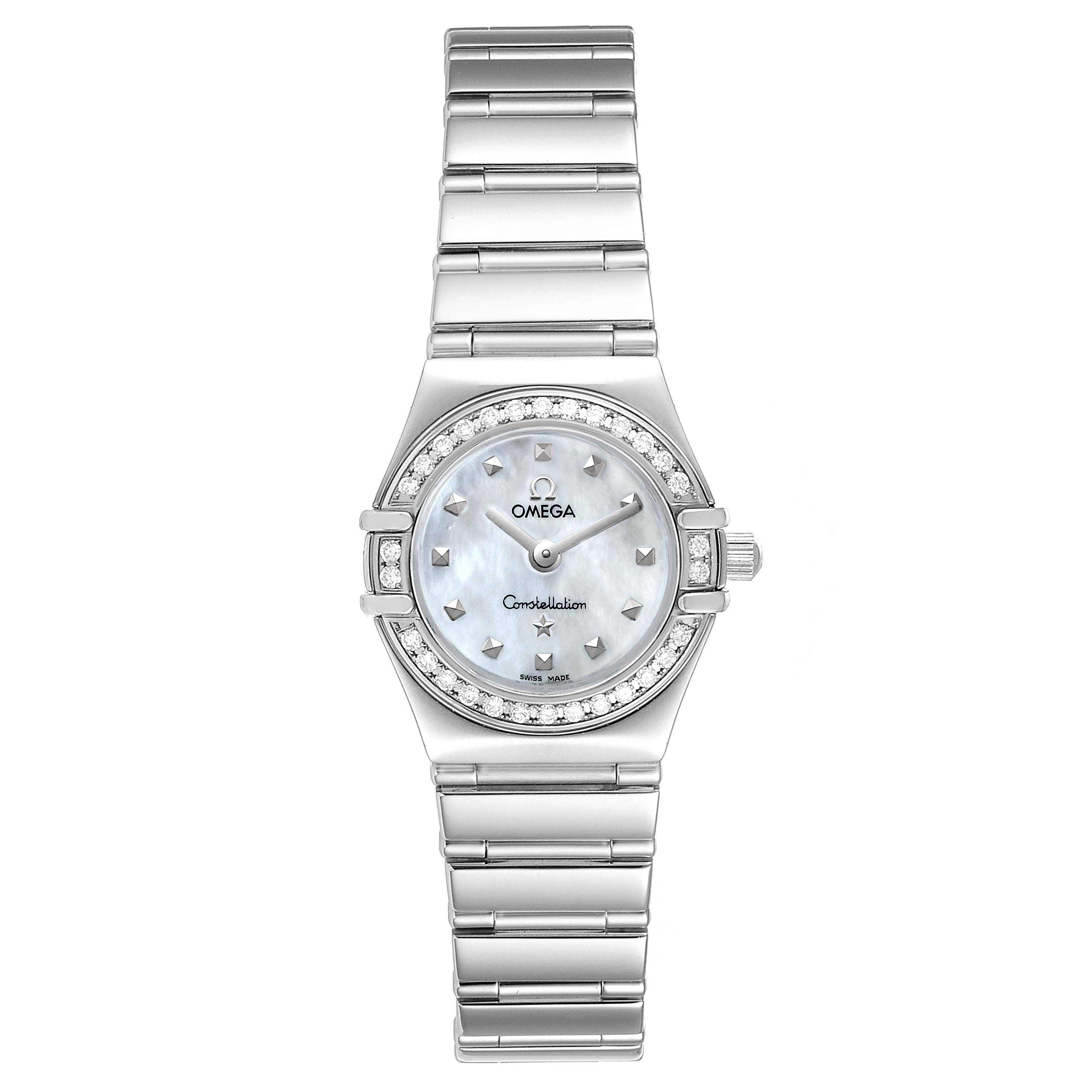 This image shows the Omega 1465.71.00 Women
s Stainless Steel Mother of Pearl Dial 1465.71.00 Women
s Stainless Steel Mother of Pearl Dial Constellation My Choice Diamond Steel Ladies Watch 1465.71.00 from a front angle, displaying the face and bracelet.