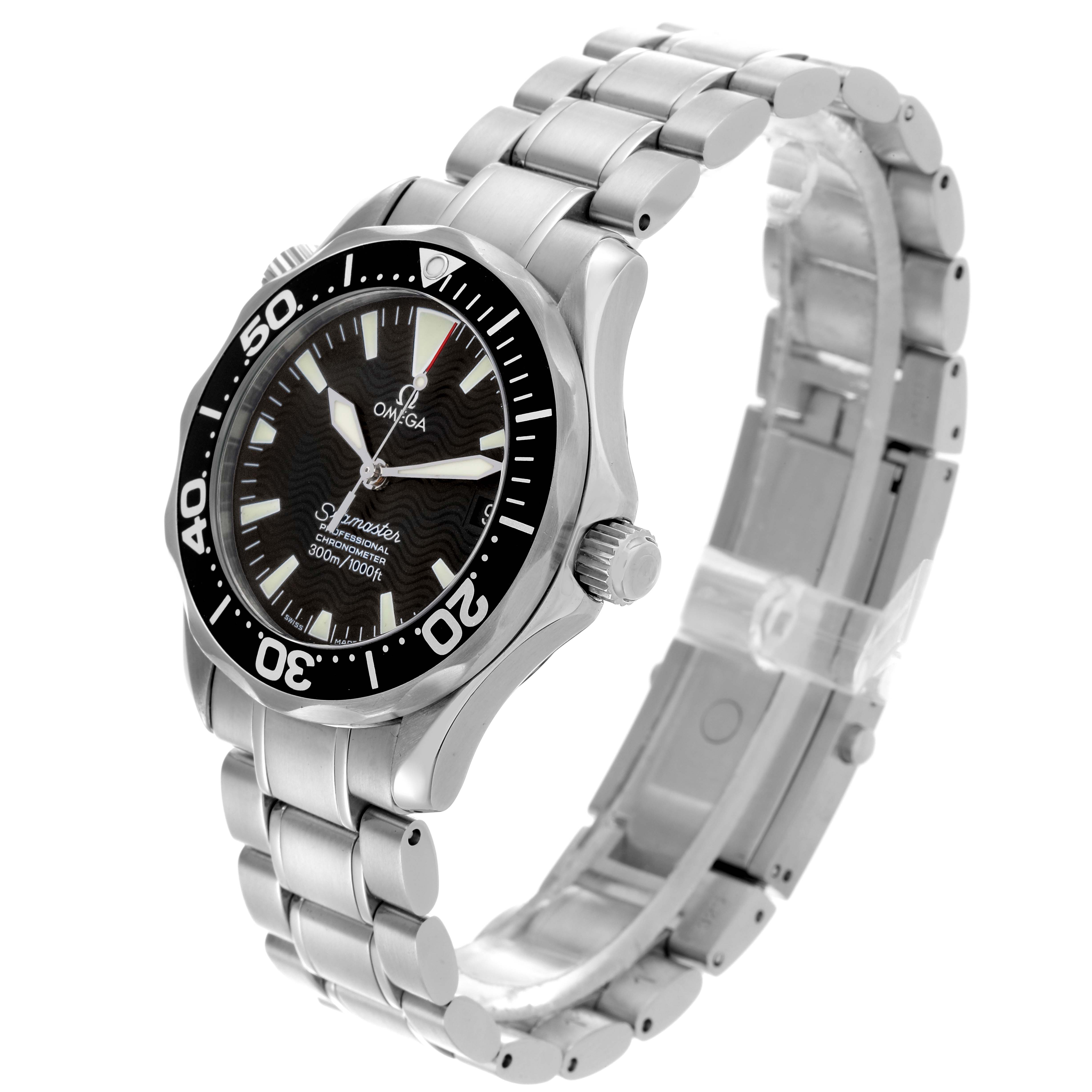 The Omega Seamaster 2252.50.00 Men
s Stainless Steel Black Dial 2252.50.00 Men
s Stainless Steel Black Dial watch is shown at a slight side angle, displaying the face, bezel, crown, and bracelet.