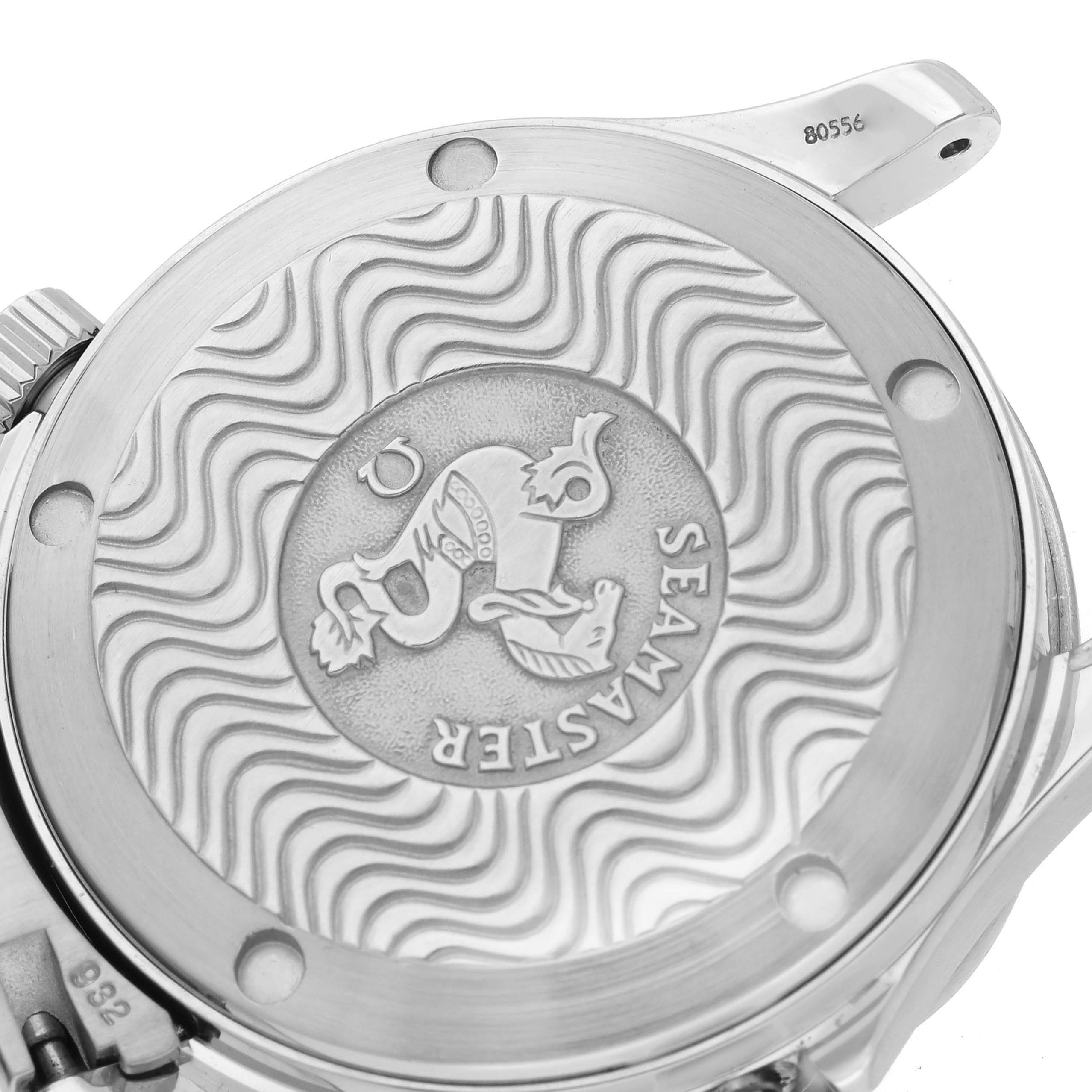 The image shows the back of an Omega Seamaster 2252.50.00 Men
s Stainless Steel Black Dial 2252.50.00 Men
s Stainless Steel Black Dial watch, highlighting the engraved logo and wave pattern.