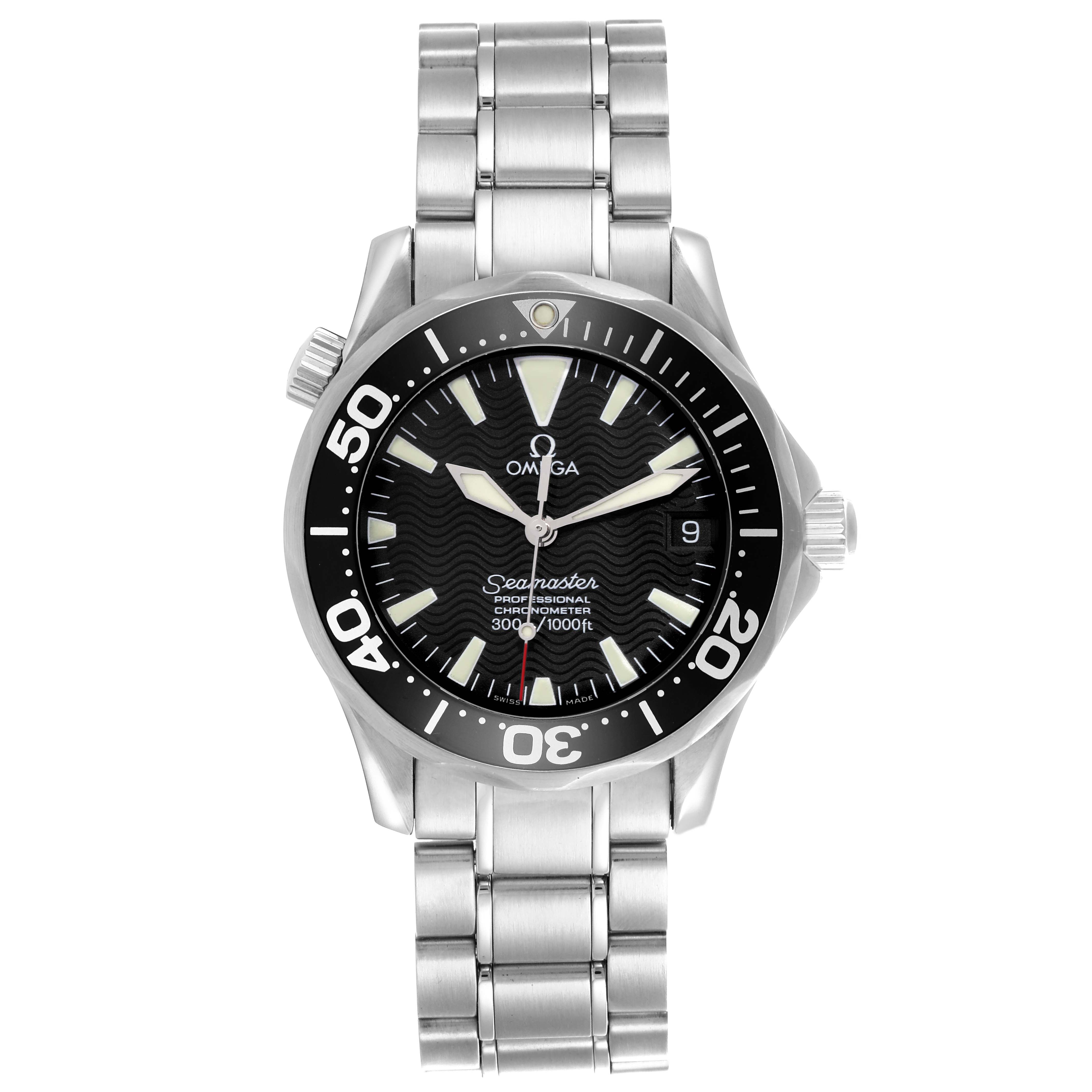 The Omega Seamaster 2252.50.00 Men
s Stainless Steel Black Dial 2252.50.00 Men
s Stainless Steel Black Dial watch is shown from a front angle, displaying its face, bezel, and bracelet.
