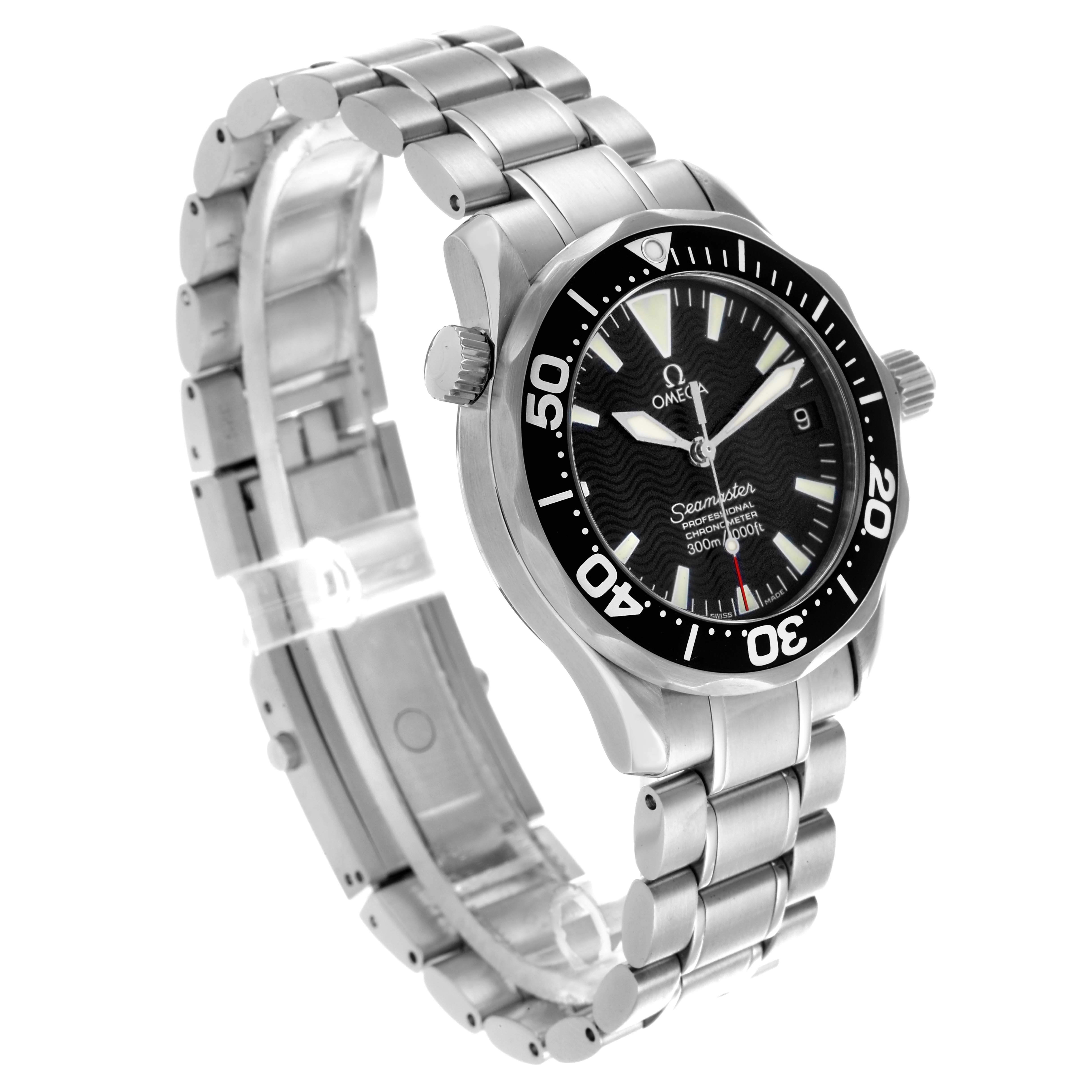 The Omega Seamaster 2252.50.00 Men
s Stainless Steel Black Dial 2252.50.00 Men
s Stainless Steel Black Dial watch is shown at a three-quarter angle, displaying the face, bezel, and partially open bracelet.