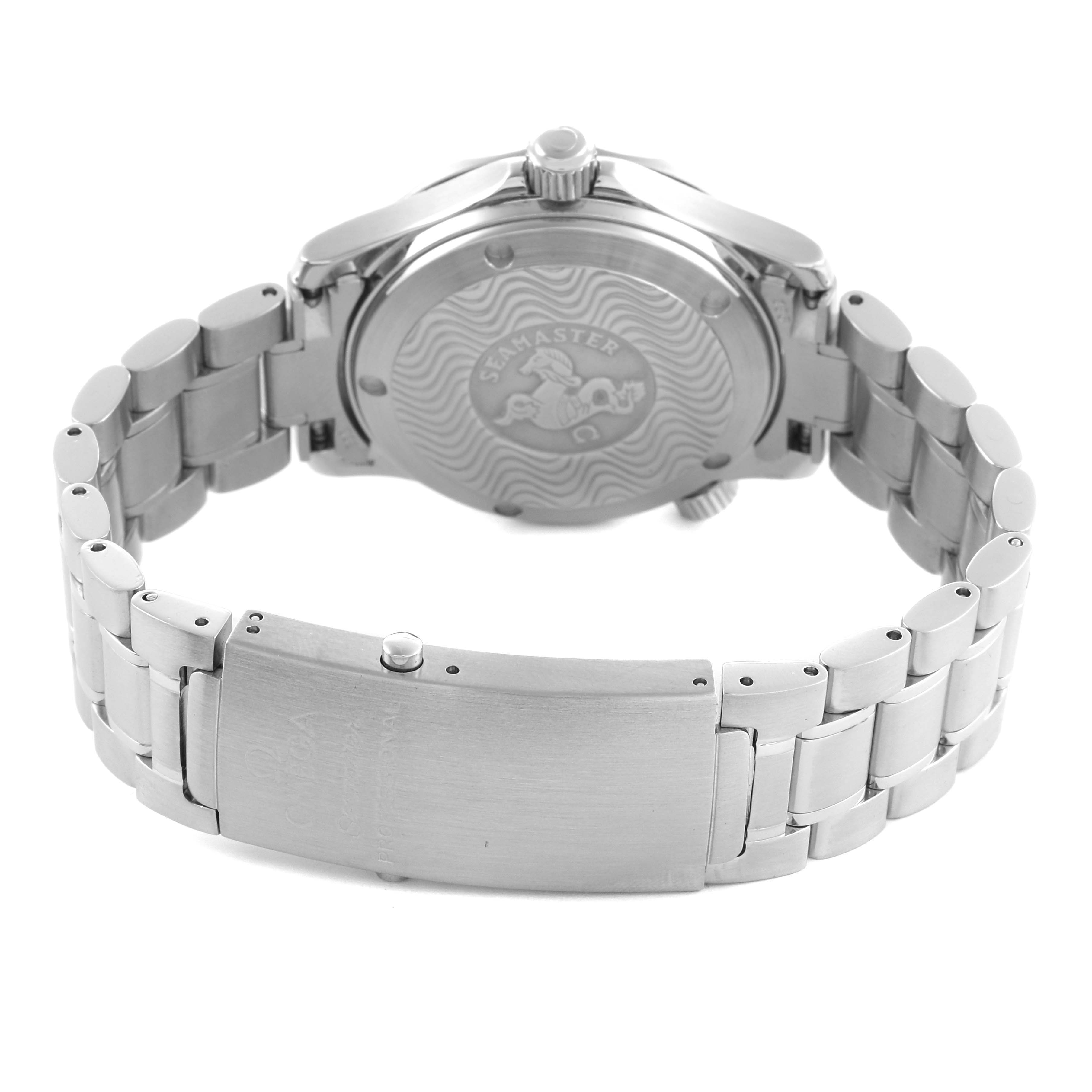 The Omega Seamaster 2252.50.00 Men
s Stainless Steel Black Dial 2252.50.00 Men
s Stainless Steel Black Dial watch is shown from the back, featuring its case back and stainless steel bracelet.