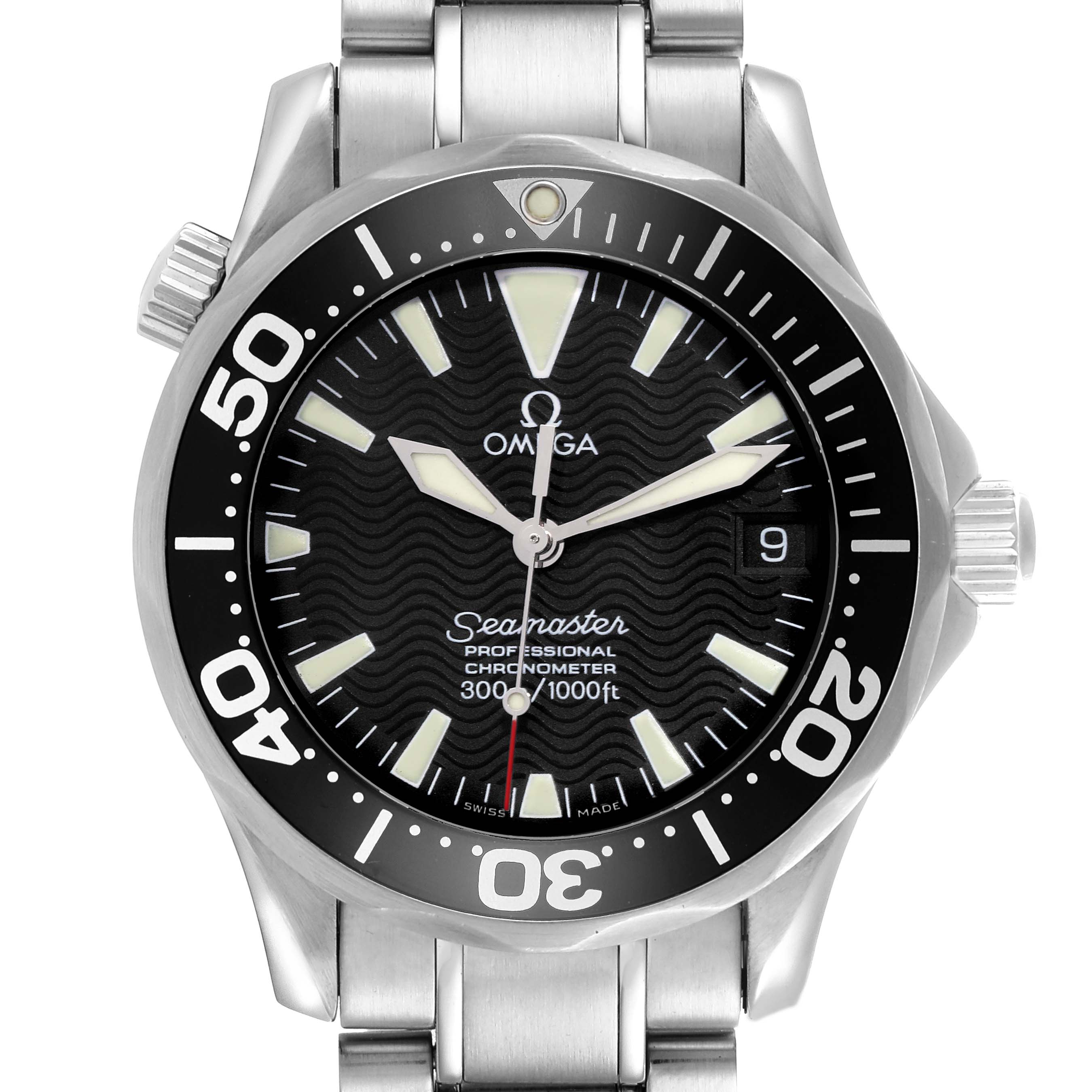 The Omega Seamaster 2252.50.00 Men
s Stainless Steel Black Dial 2252.50.00 Men
s Stainless Steel Black Dial watch is shown from a front angle, displaying the face, bezel, and part of the metal bracelet.