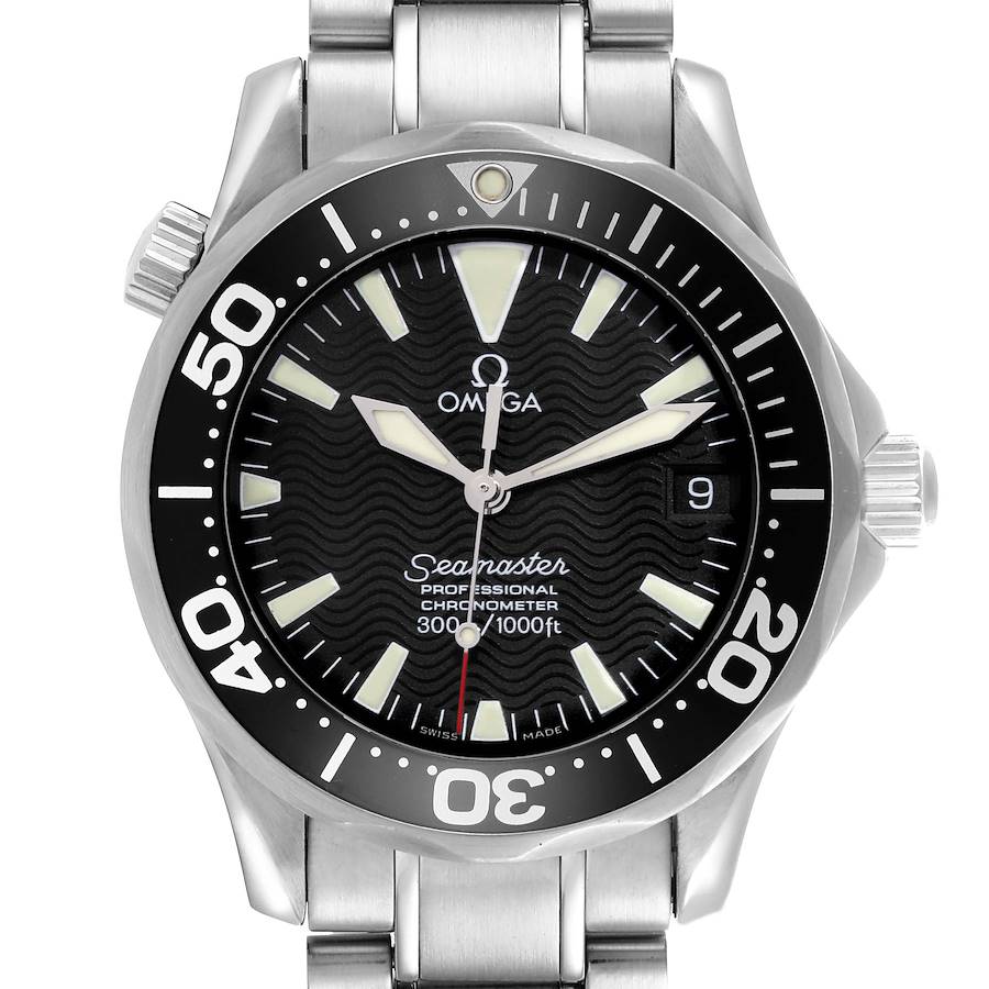 The Omega Seamaster watch is shown from a front angle, displaying the face, bezel, and part of the metal bracelet.