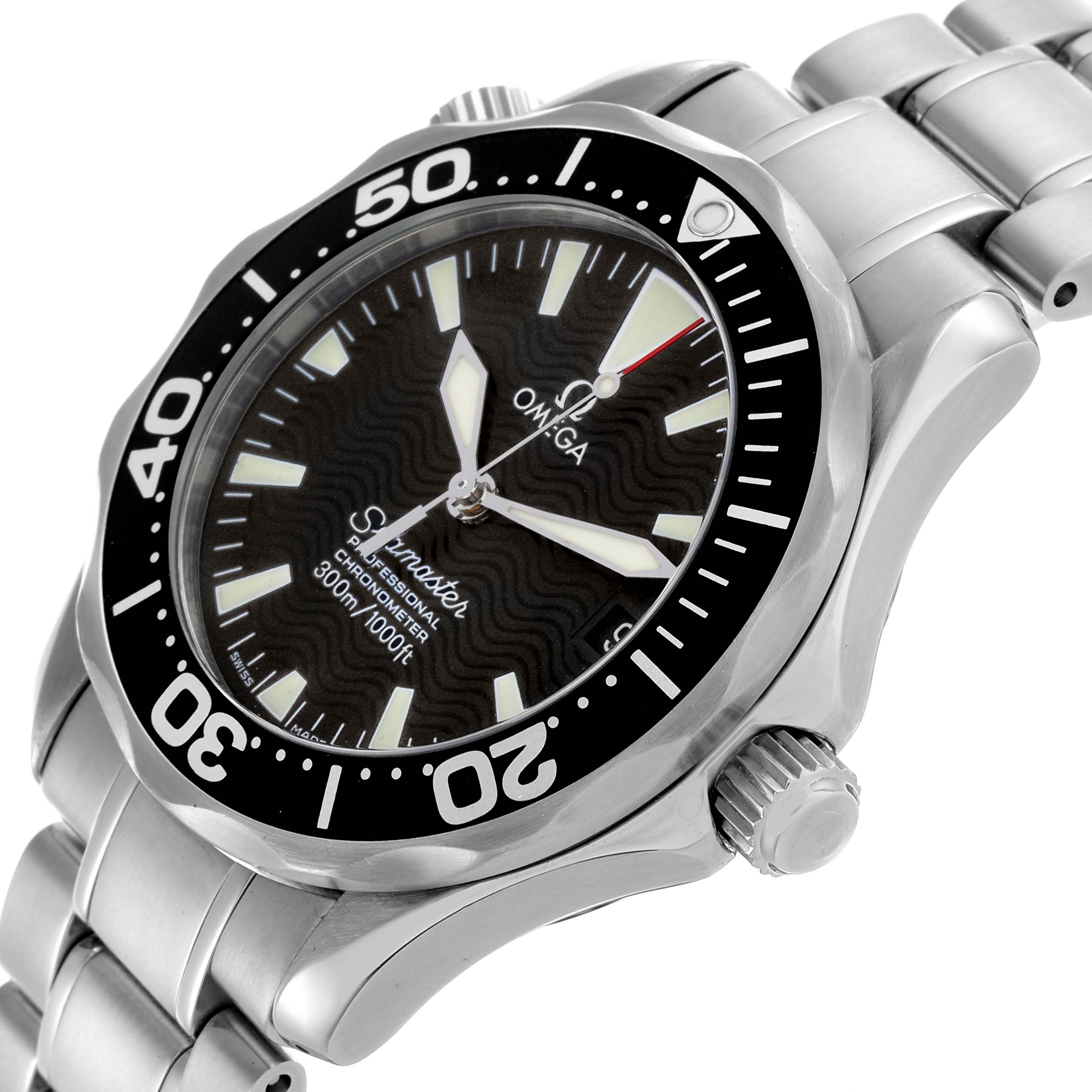 The Omega Seamaster 2252.50.00 Men
s Stainless Steel Black Dial 2252.50.00 Men
s Stainless Steel Black Dial watch is shown at an angled view highlighting the bezel, crown, dial, and bracelet.