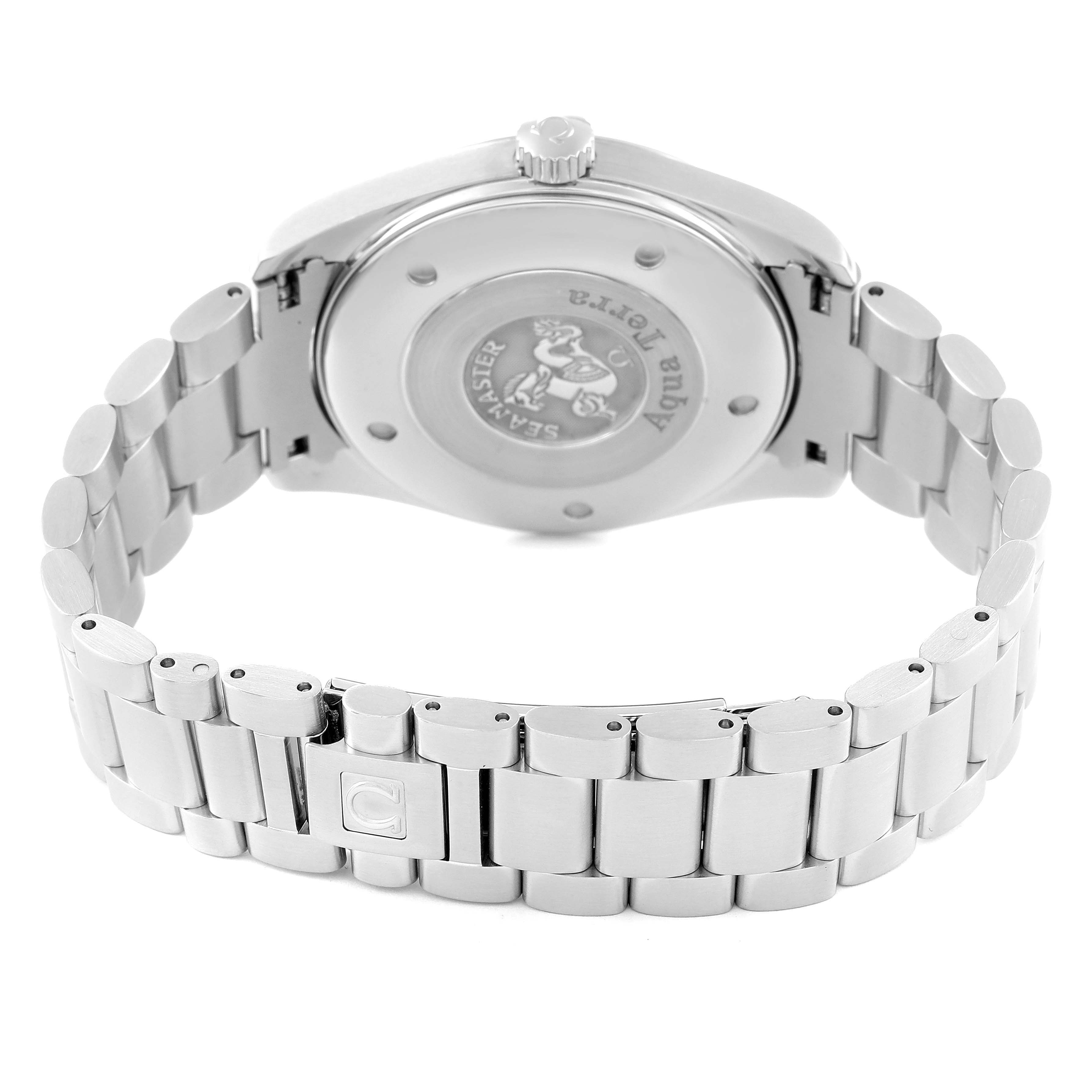 This image shows the back and bracelet of the Omega Aqua Terra 2517.50.00 Men's Stainless Steel Black Dial 2517.50.00 Men's Stainless Steel Black Dial watch, highlighting the case back and the clasp.