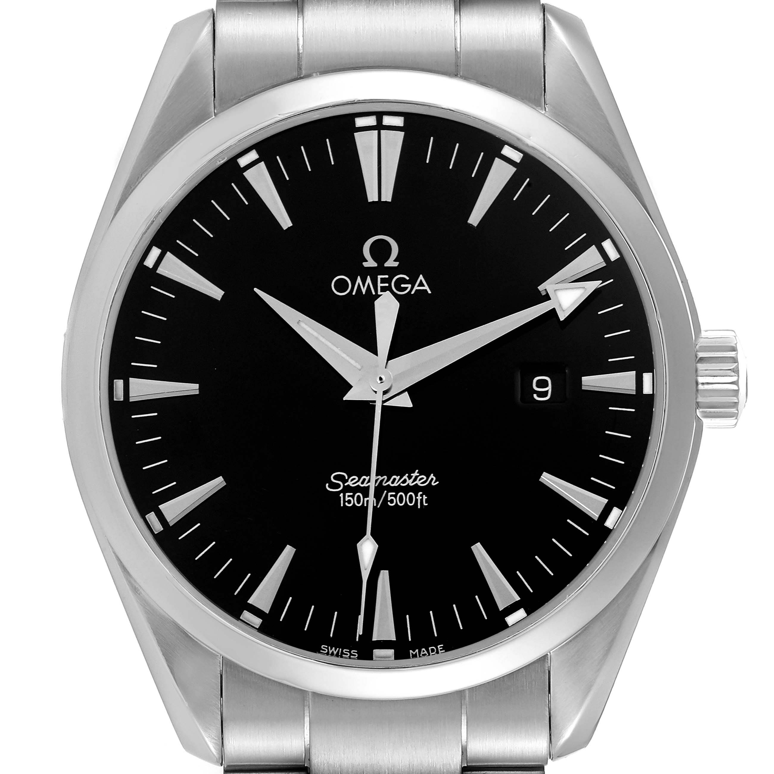 This image shows a front view of the Omega Aqua Terra 2517.50.00 Men's Stainless Steel Black Dial 2517.50.00 Men's Stainless Steel Black Dial watch, highlighting the face, bezel, bracelet, and crown.