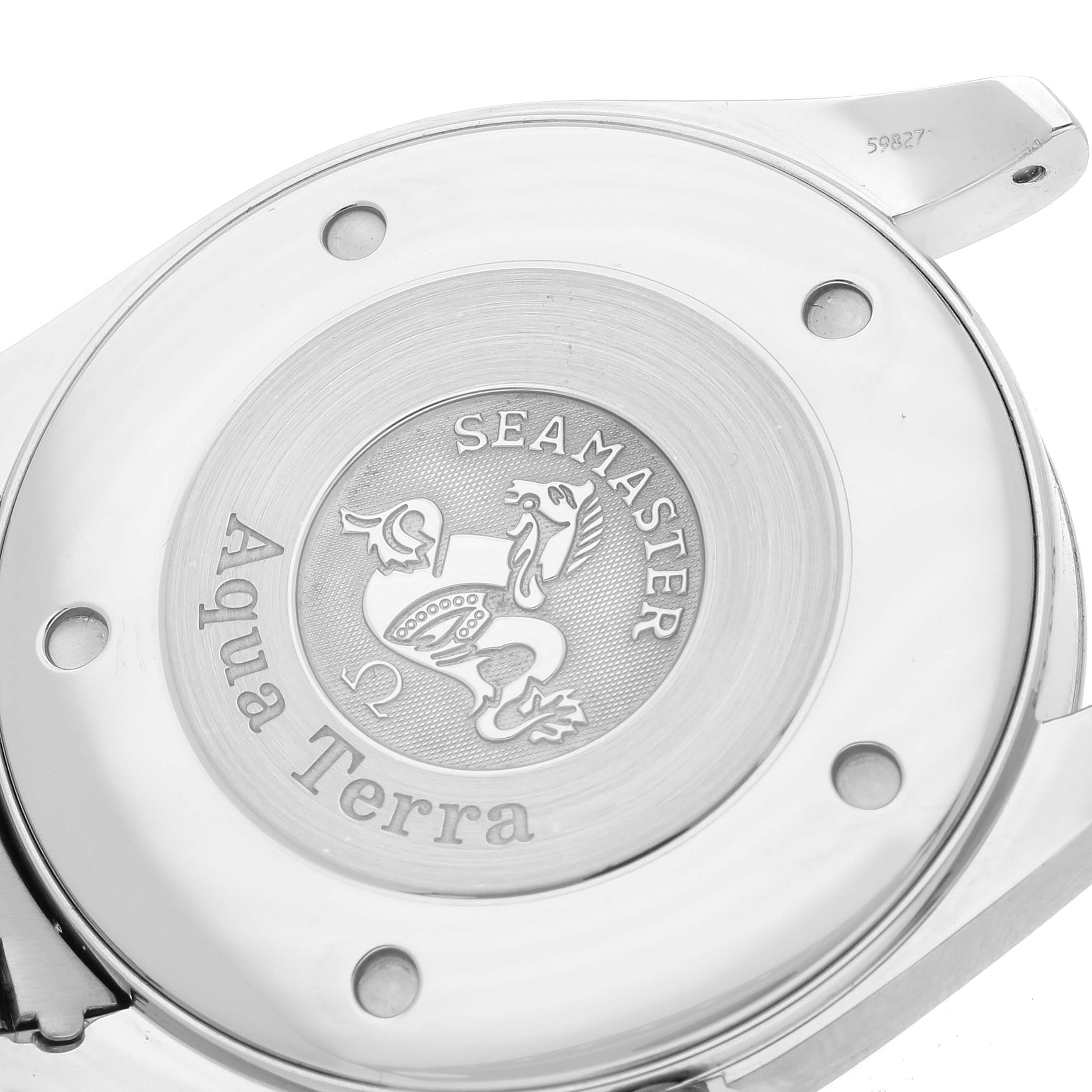 The image shows the back case of the Omega Seamaster Aqua Terra watch, highlighting the model name and logo.