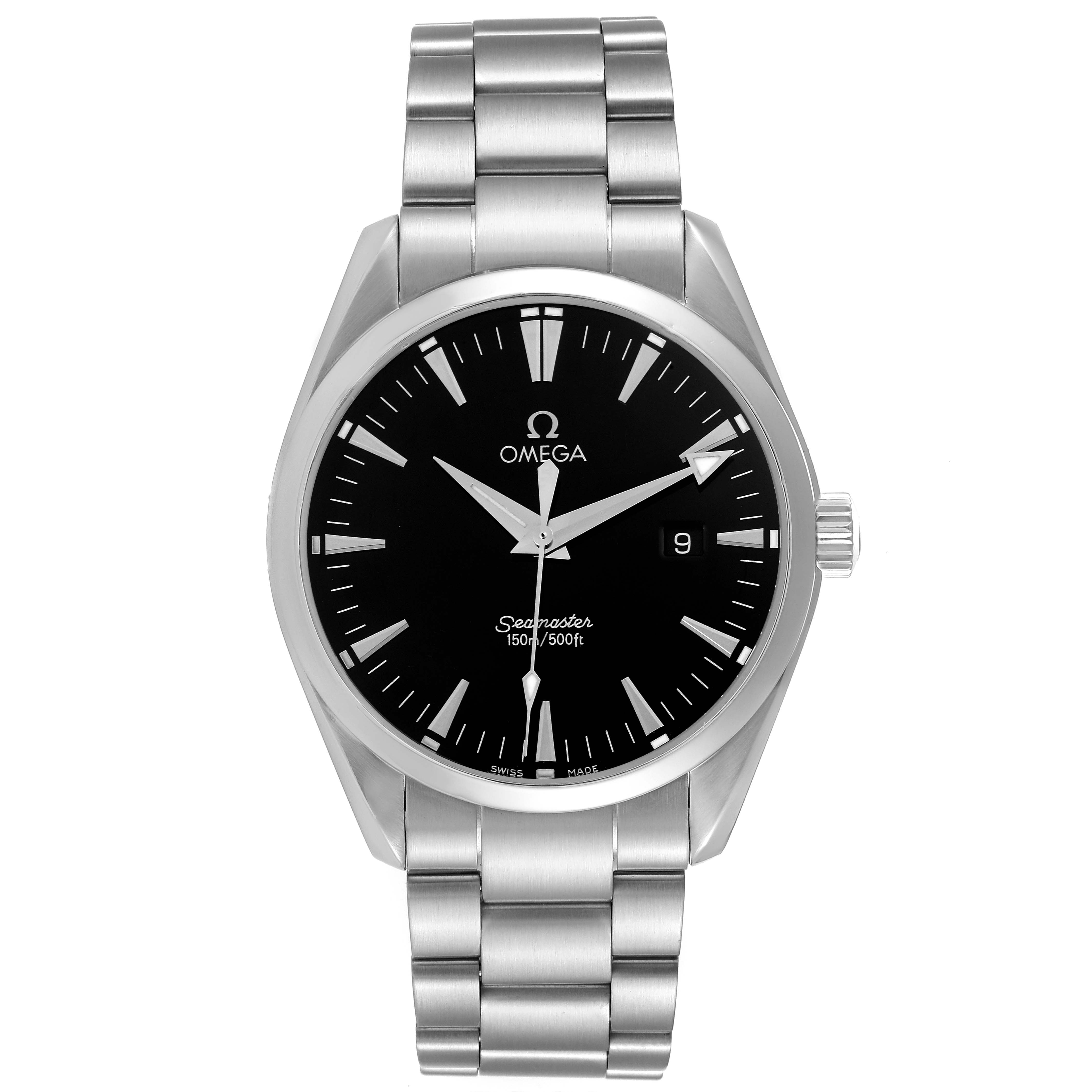 This image shows a front view of an Omega Aqua Terra 2517.50.00 Men's Stainless Steel Black Dial 2517.50.00 Men's Stainless Steel Black Dial watch including its stainless steel bracelet, bezel, dial, and crown.