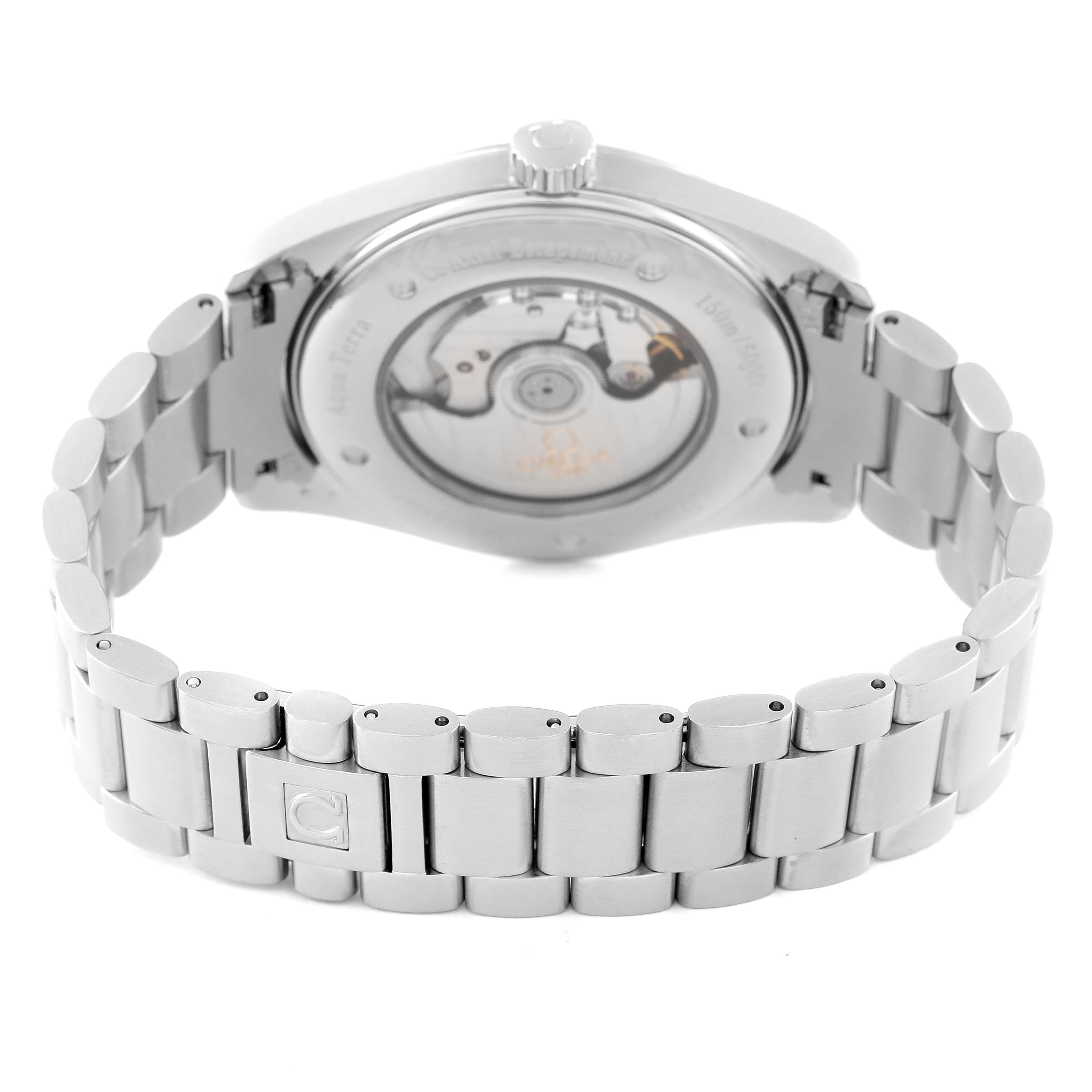 This image shows the back view of an Omega Aqua Terra 2502.34.00 Men's Stainless Steel Silver Dial 2502.34.00 Men's Stainless Steel Silver Dial watch, highlighting its transparent case back and metal bracelet.