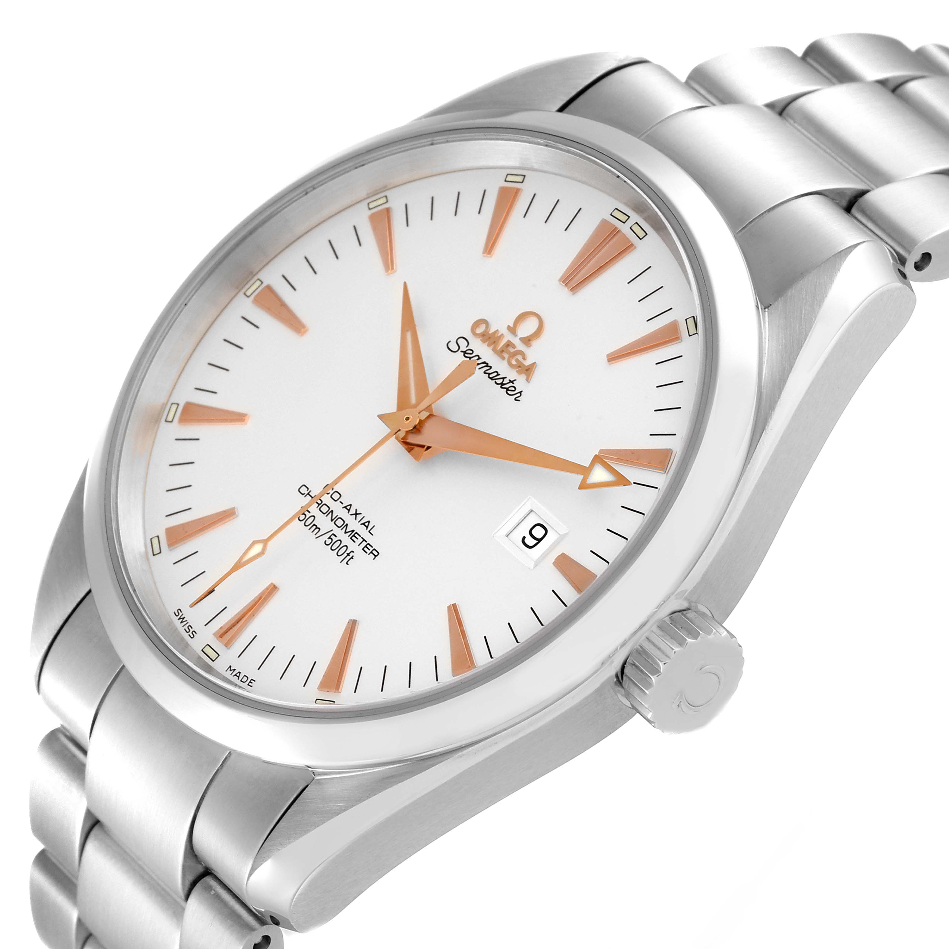The image shows the face, bracelet, and crown of an Omega Aqua Terra 2502.34.00 Men's Stainless Steel Silver Dial 2502.34.00 Men's Stainless Steel Silver Dial watch from a slightly tilted side angle.