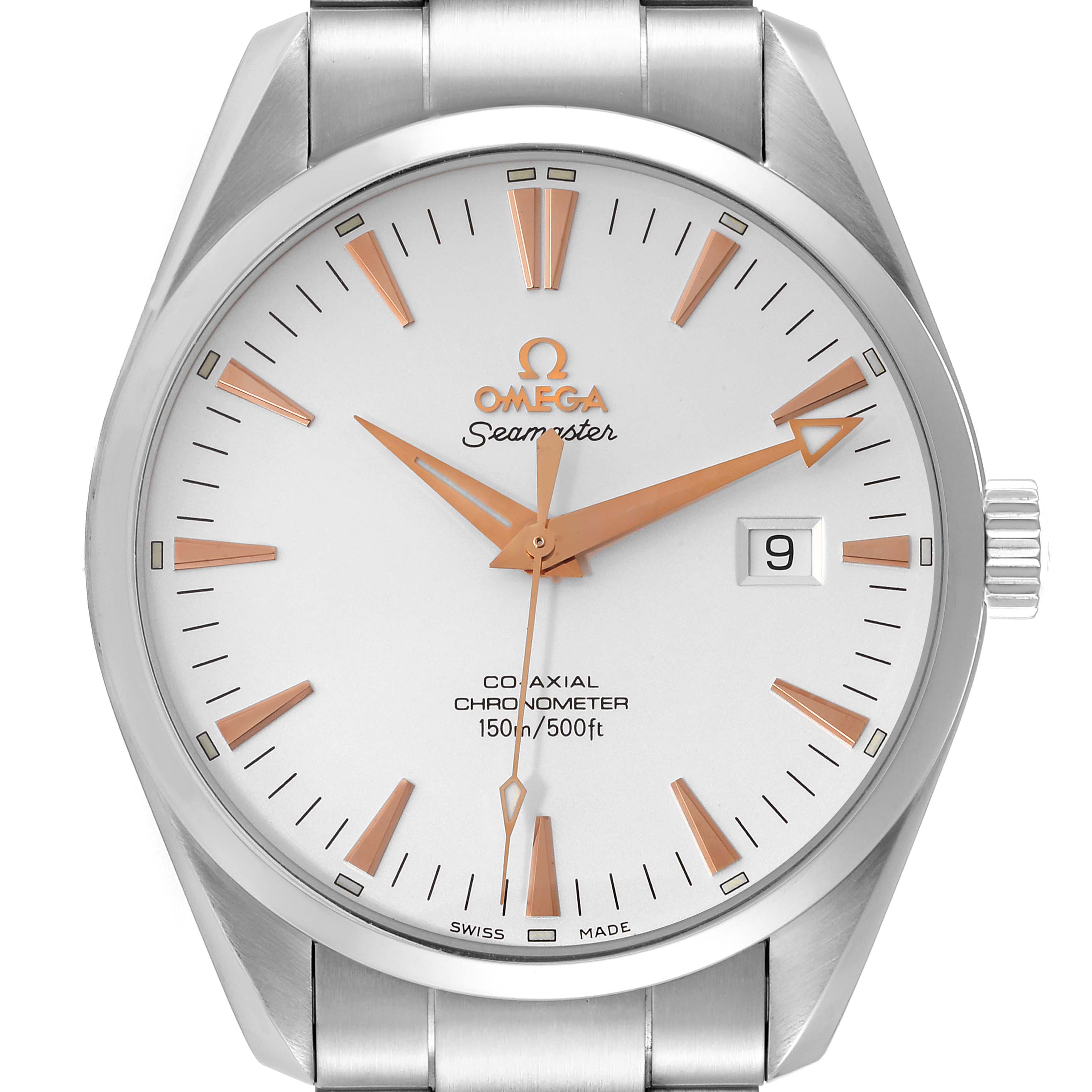 The image shows a front view of the Omega Aqua Terra 2502.34.00 Men's Stainless Steel Silver Dial 2502.34.00 Men's Stainless Steel Silver Dial watch, highlighting its face, hands, indices, crown, and part of the bracelet.