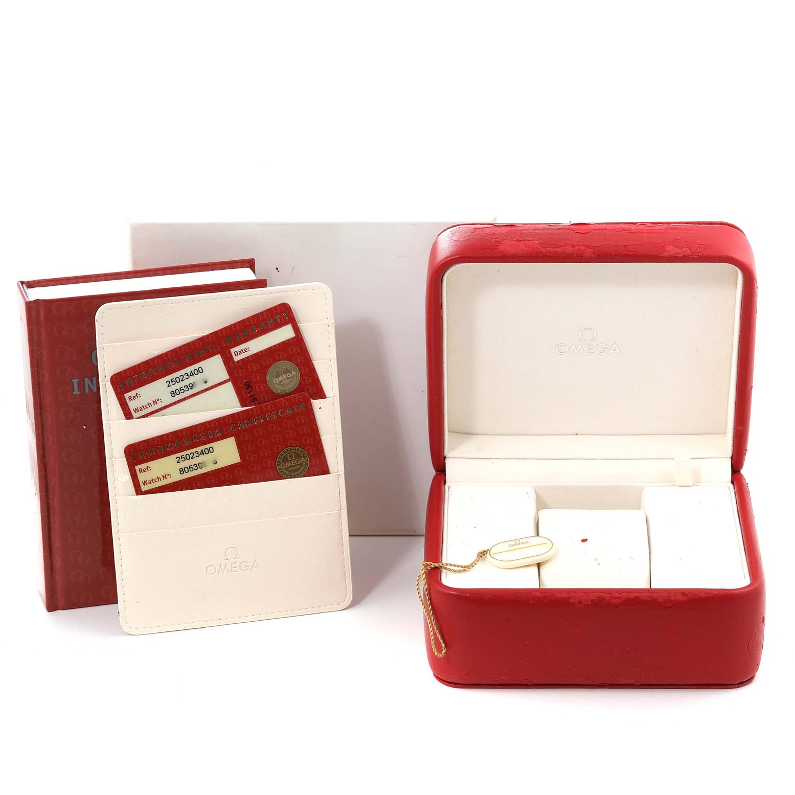 The image shows the packaging and accessories for an Omega Aqua Terra 2502.34.00 Men's Stainless Steel Silver Dial 2502.34.00 Men's Stainless Steel Silver Dial watch, including the box, cards, and booklet.