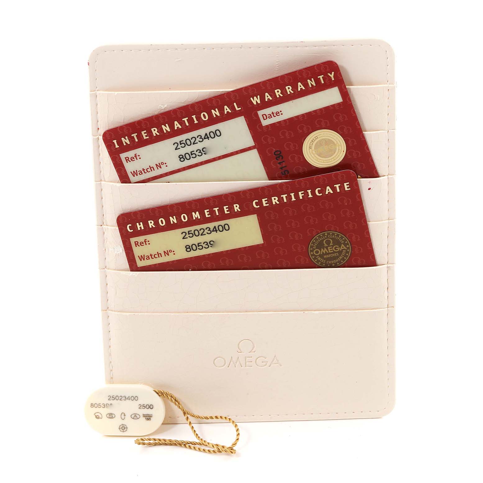 The image shows the warranty card and chronometer certificate for an Omega Aqua Terra 2502.34.00 Men's Stainless Steel Silver Dial 2502.34.00 Men's Stainless Steel Silver Dial model, along with a tag with the model's information.