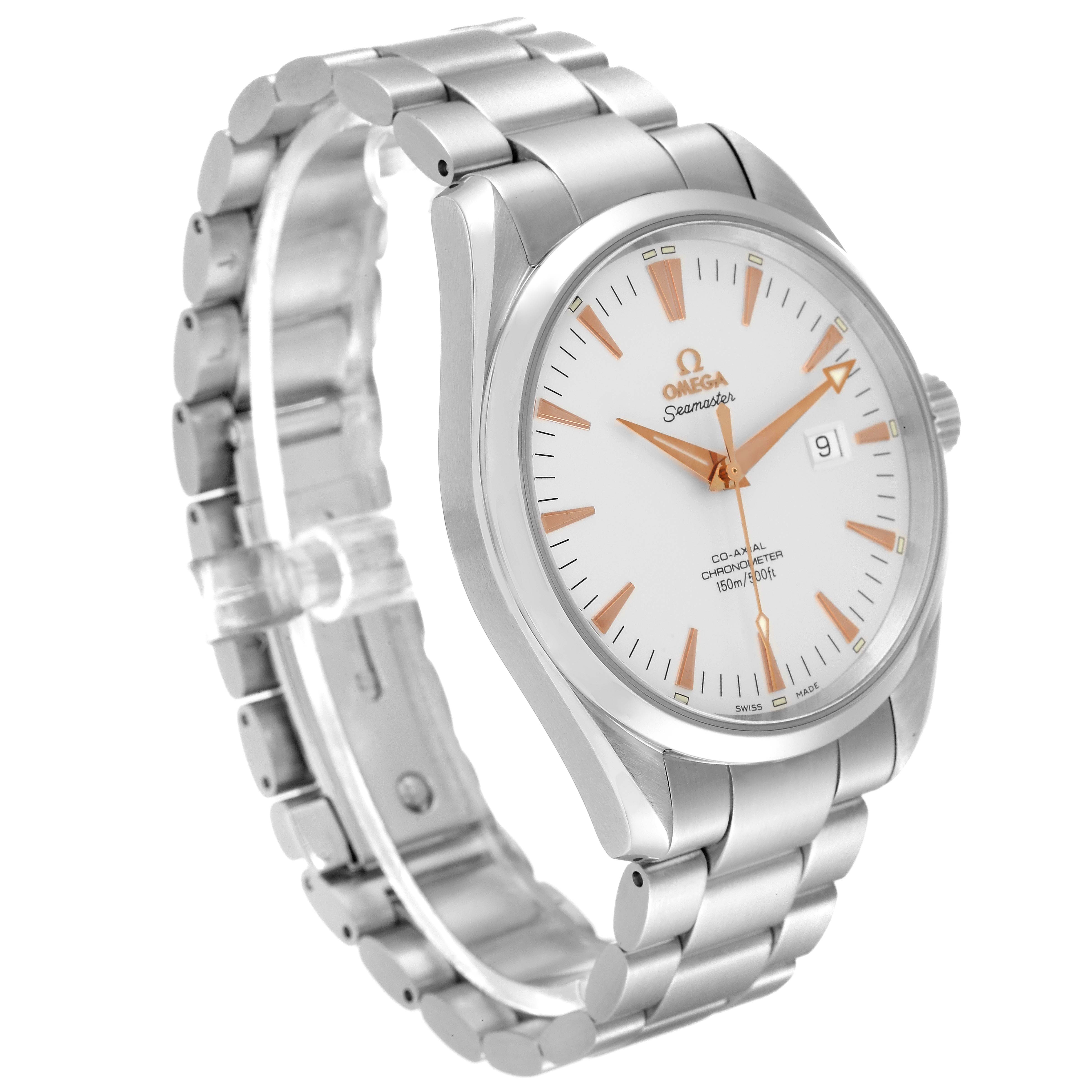 The Omega Aqua Terra 2502.34.00 Men's Stainless Steel Silver Dial 2502.34.00 Men's Stainless Steel Silver Dial watch is shown at an angle highlighting the face, bezel, crown, and metal bracelet.
