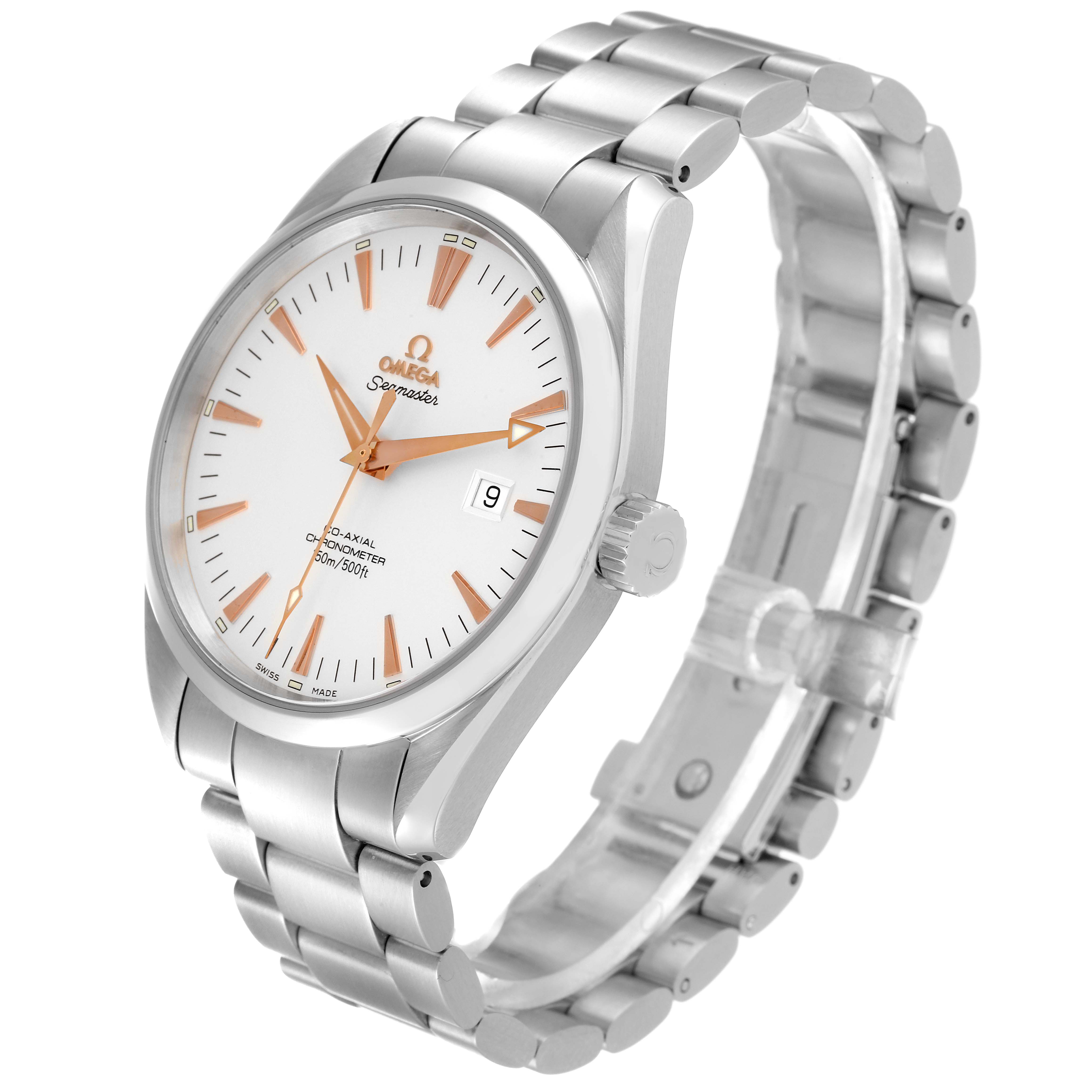 The Omega Aqua Terra 2502.34.00 Men's Stainless Steel Silver Dial 2502.34.00 Men's Stainless Steel Silver Dial watch is shown at a three-quarter angle, displaying its bracelet, case, dial, and crown.