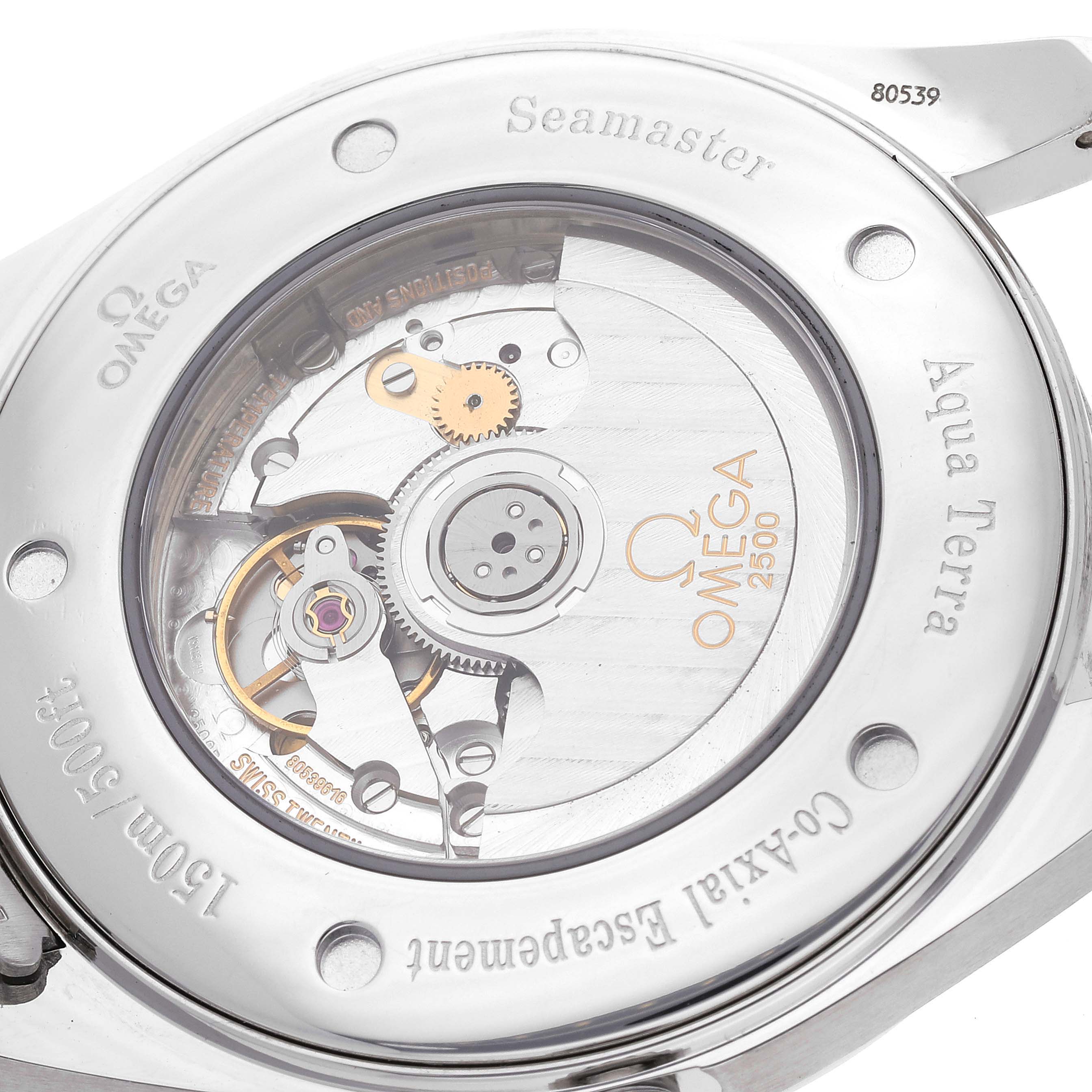 This image shows the transparent case back of an Omega Seamaster Aqua Terra watch, revealing the internal mechanism and parts.