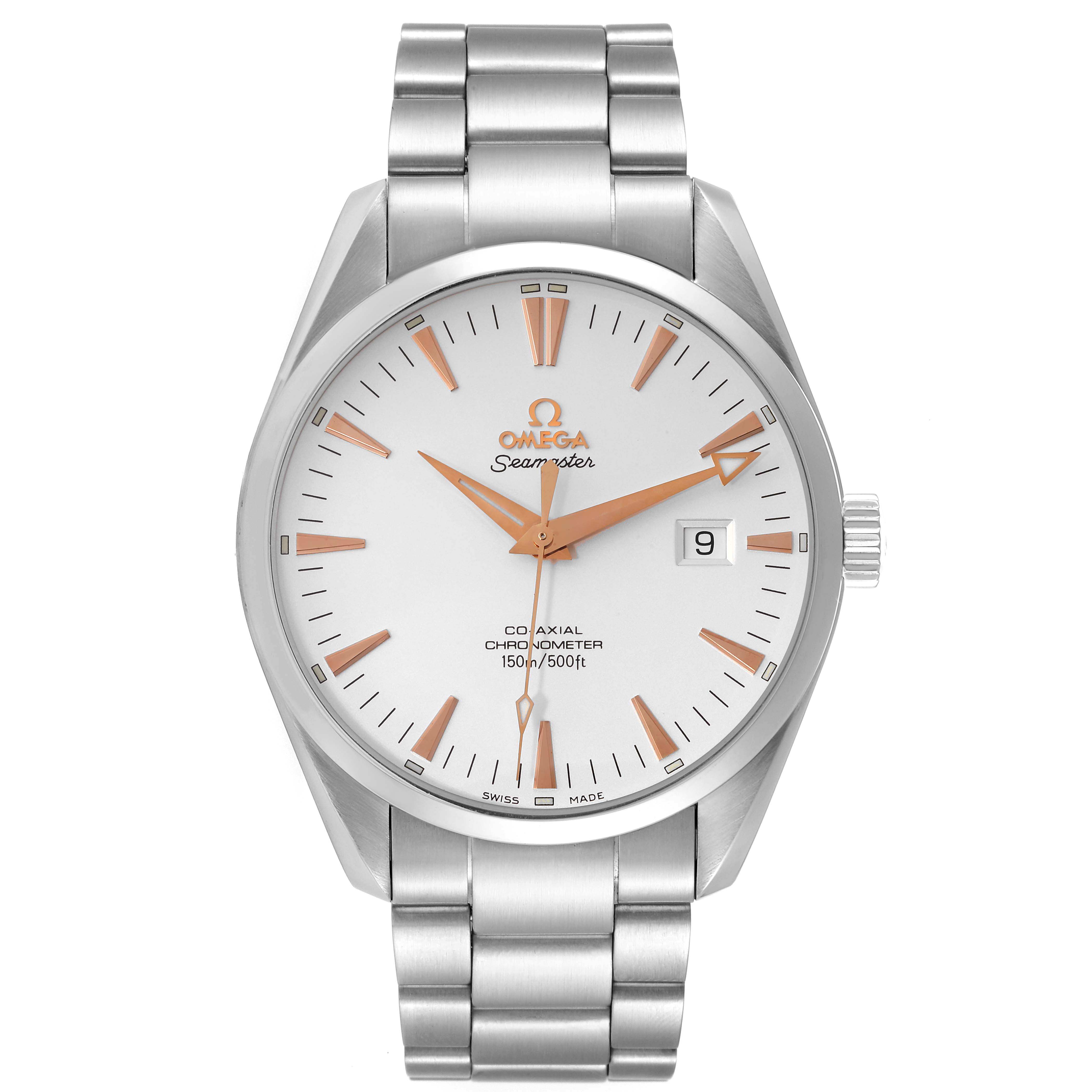 This is a front view of the Omega Aqua Terra 2502.34.00 Men's Stainless Steel Silver Dial 2502.34.00 Men's Stainless Steel Silver Dial watch, showing the dial, hands, date window, and metal strap.
