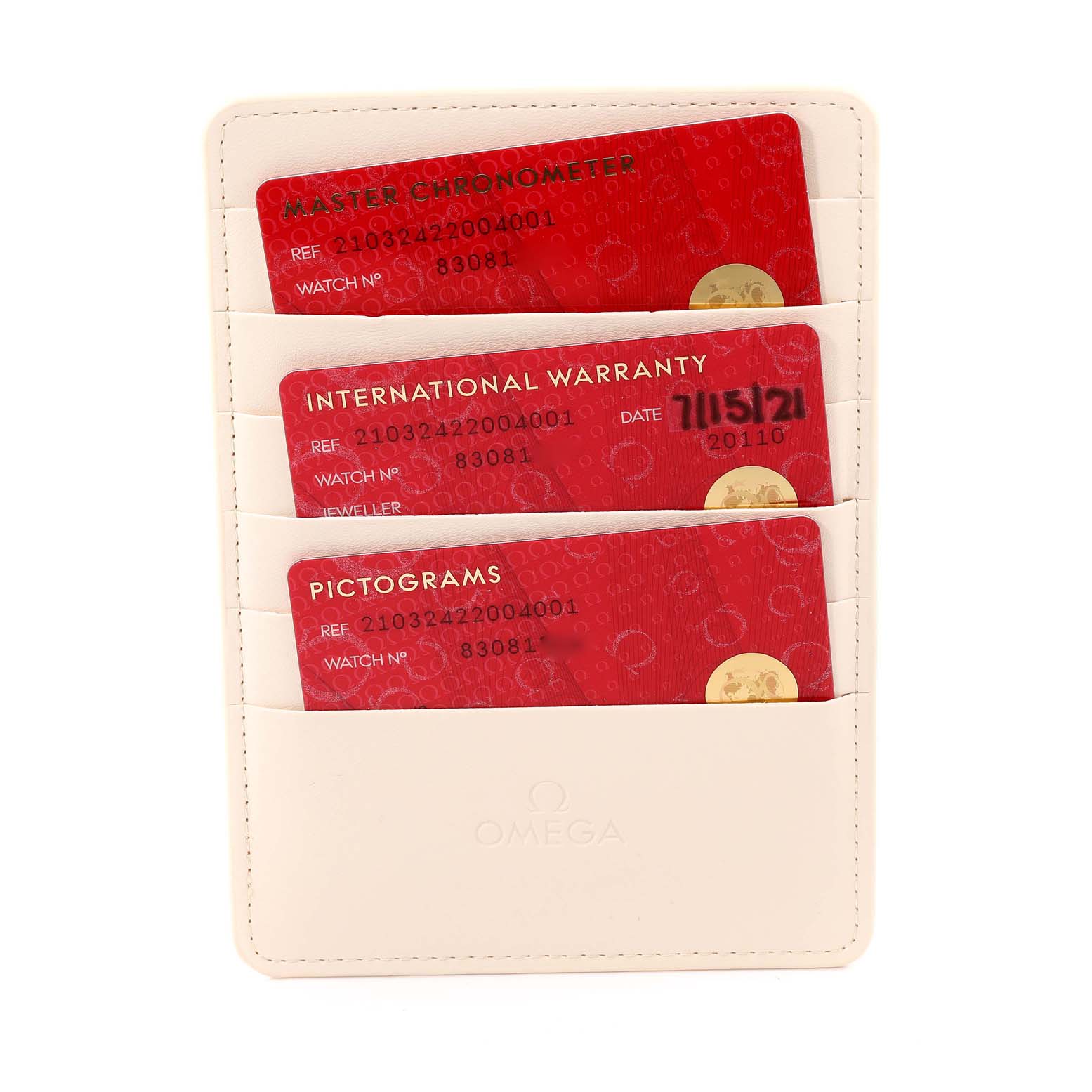 This image shows the warranty and certification cards for the Omega Seamaster 210.32.42.20.04.001 Men's Stainless Steel White Dial 210.32.42.20.04.001 Men's Stainless Steel White Dial stored in a white card holder.