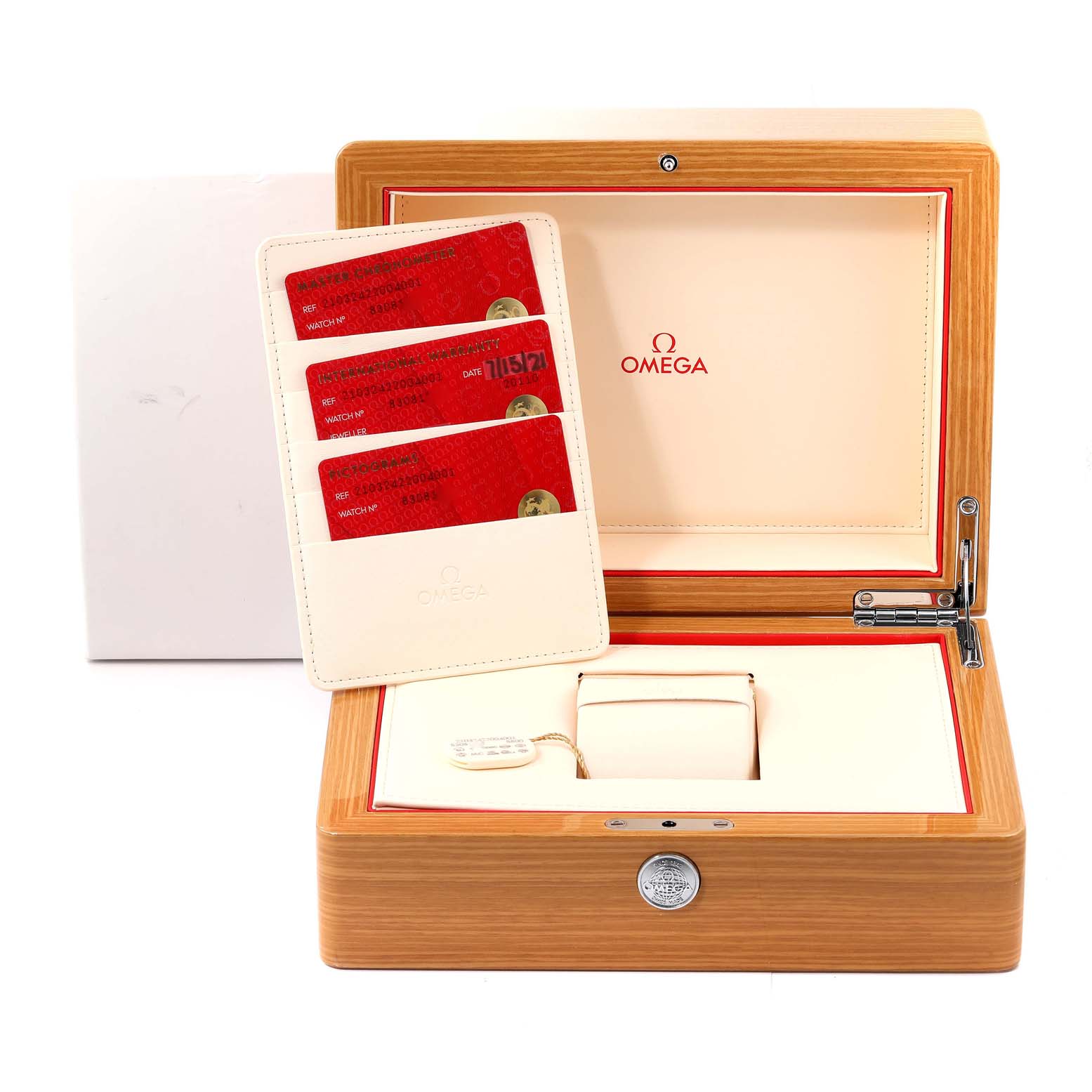 The image shows an open Omega Seamaster 210.32.42.20.04.001 Men's Stainless Steel White Dial 210.32.42.20.04.001 Men's Stainless Steel White Dial watch box with warranty cards and a watch cushion inside.