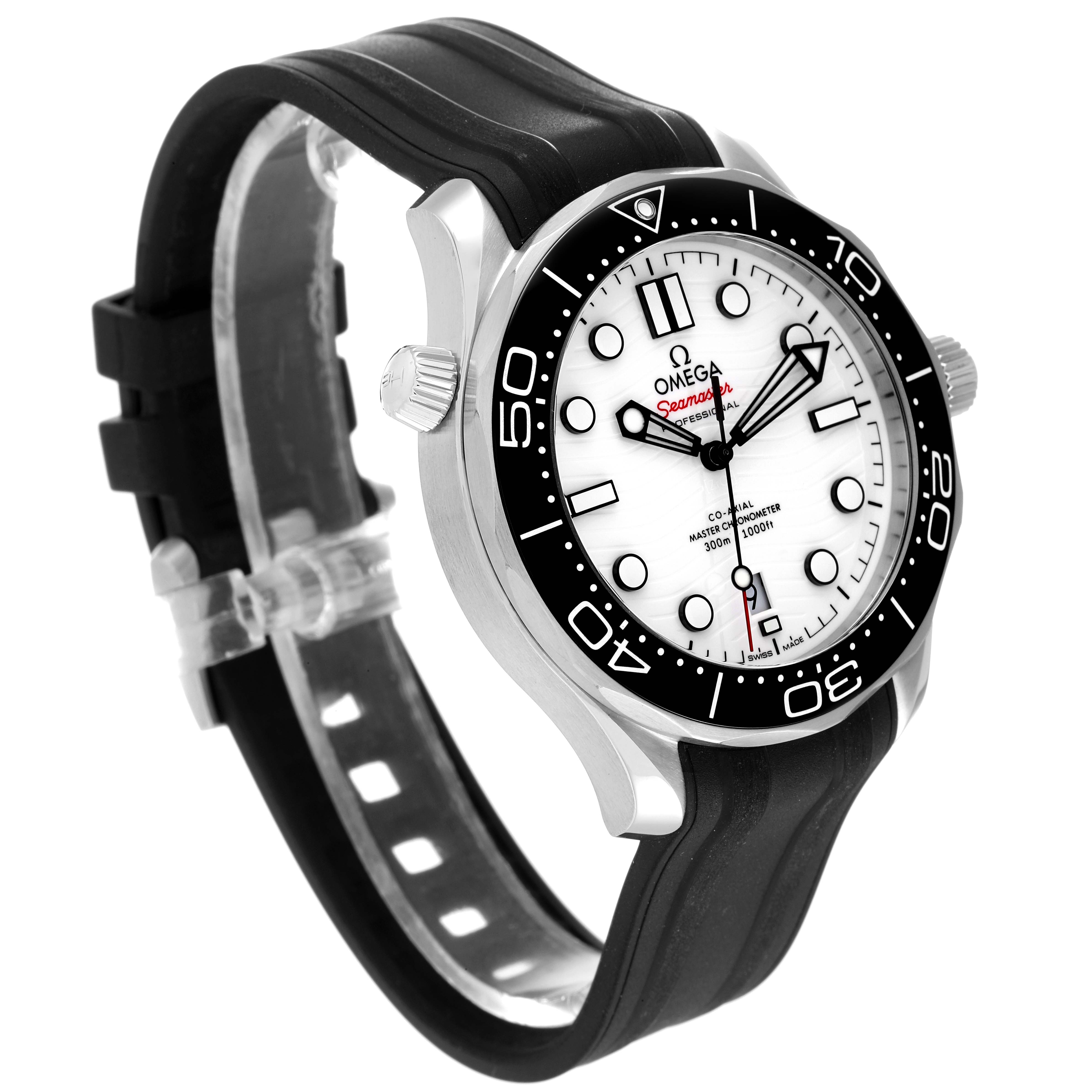 The Omega Seamaster 210.32.42.20.04.001 Men's Stainless Steel White Dial 210.32.42.20.04.001 Men's Stainless Steel White Dial watch is shown at a three-quarter angle, displaying its face, bezel, crown, and black rubber strap.