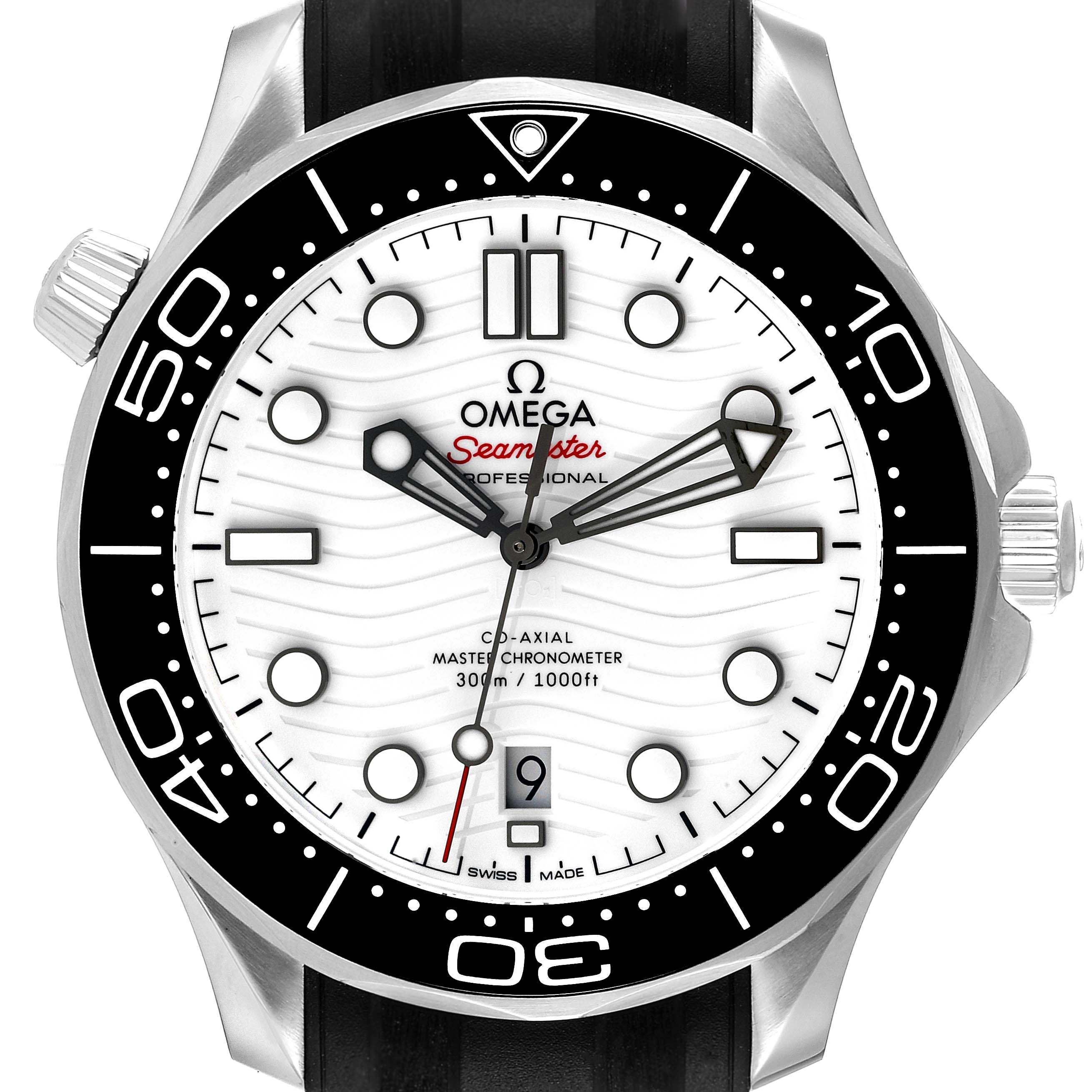 The image shows a front view of the Omega Seamaster 210.32.42.20.04.001 Men's Stainless Steel White Dial 210.32.42.20.04.001 Men's Stainless Steel White Dial watch, highlighting its face, bezel, and crown.