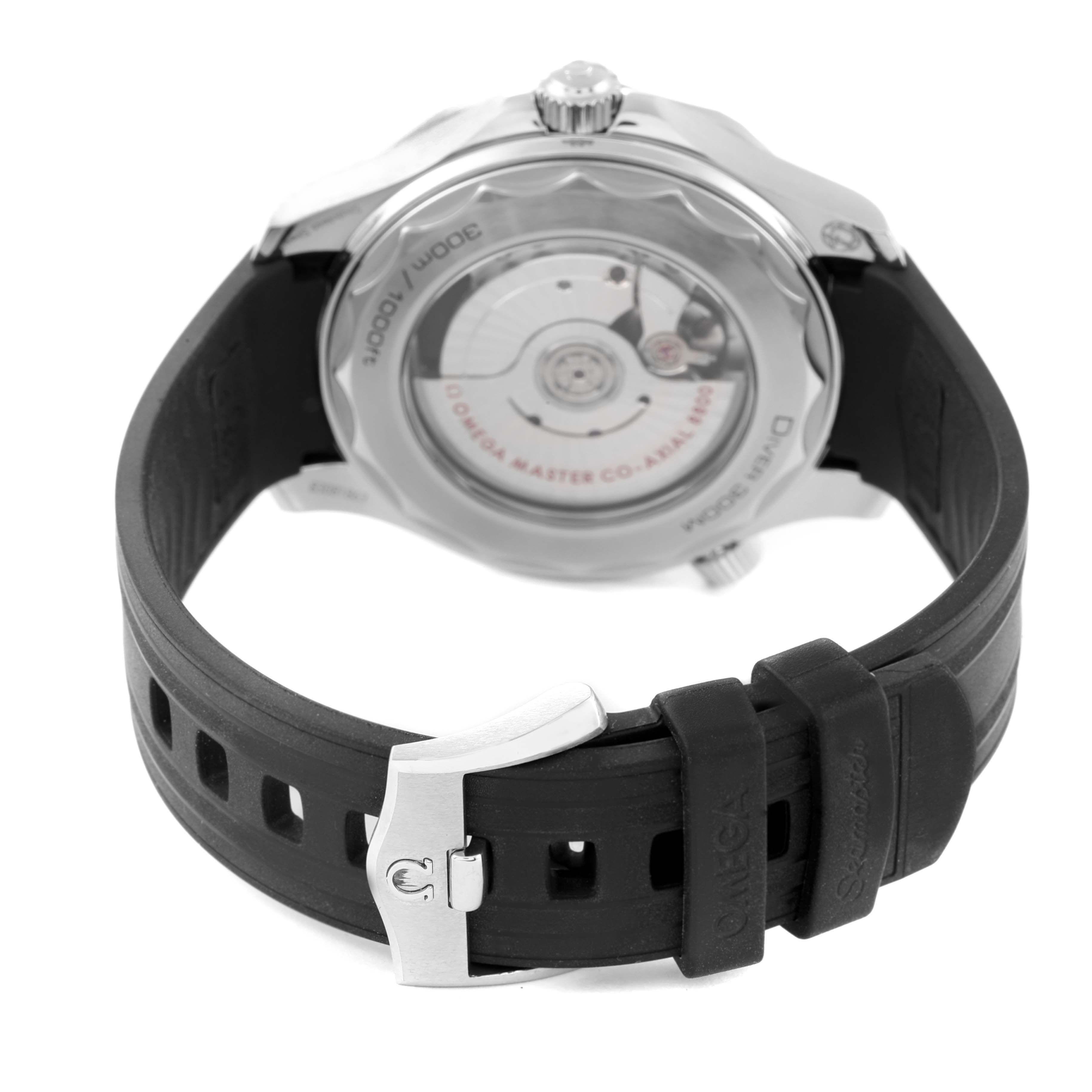 The image shows the back case and black rubber strap of an Omega Seamaster 210.32.42.20.04.001 Men's Stainless Steel White Dial 210.32.42.20.04.001 Men's Stainless Steel White Dial watch, highlighting the clasp and movement.